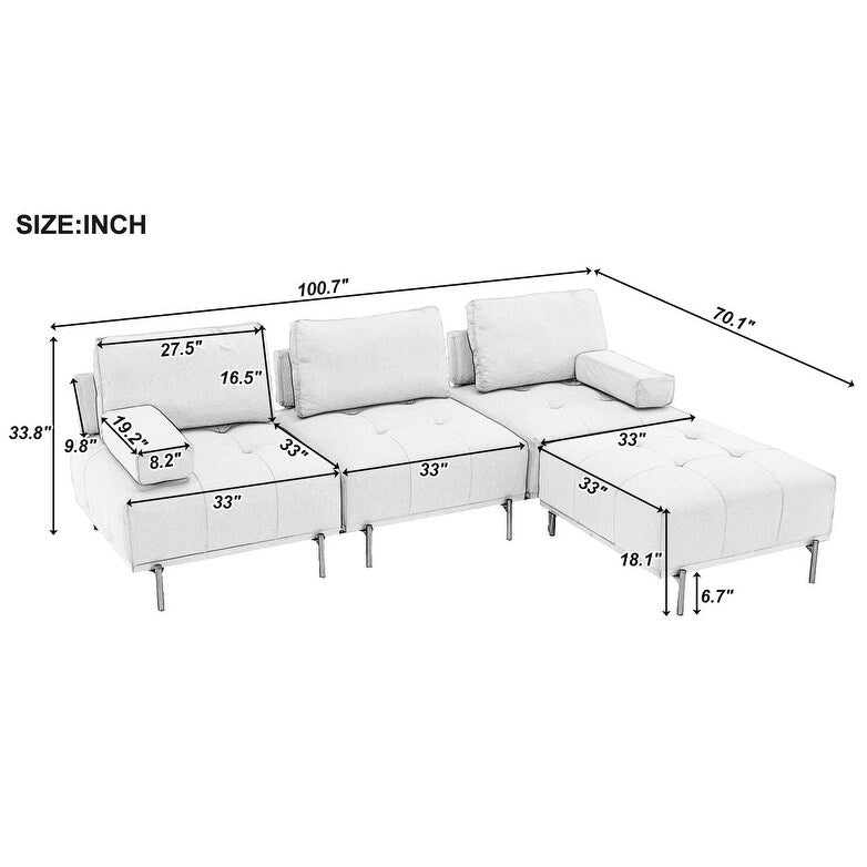 100.7'' Fabric L-Shaped Sofa with Movable Ottoman and Metal Legs