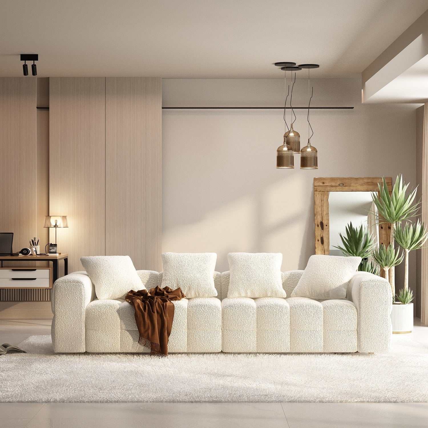 100.8W Wooden Frame Teddy Velvet Sofa in White Couch 4 Person