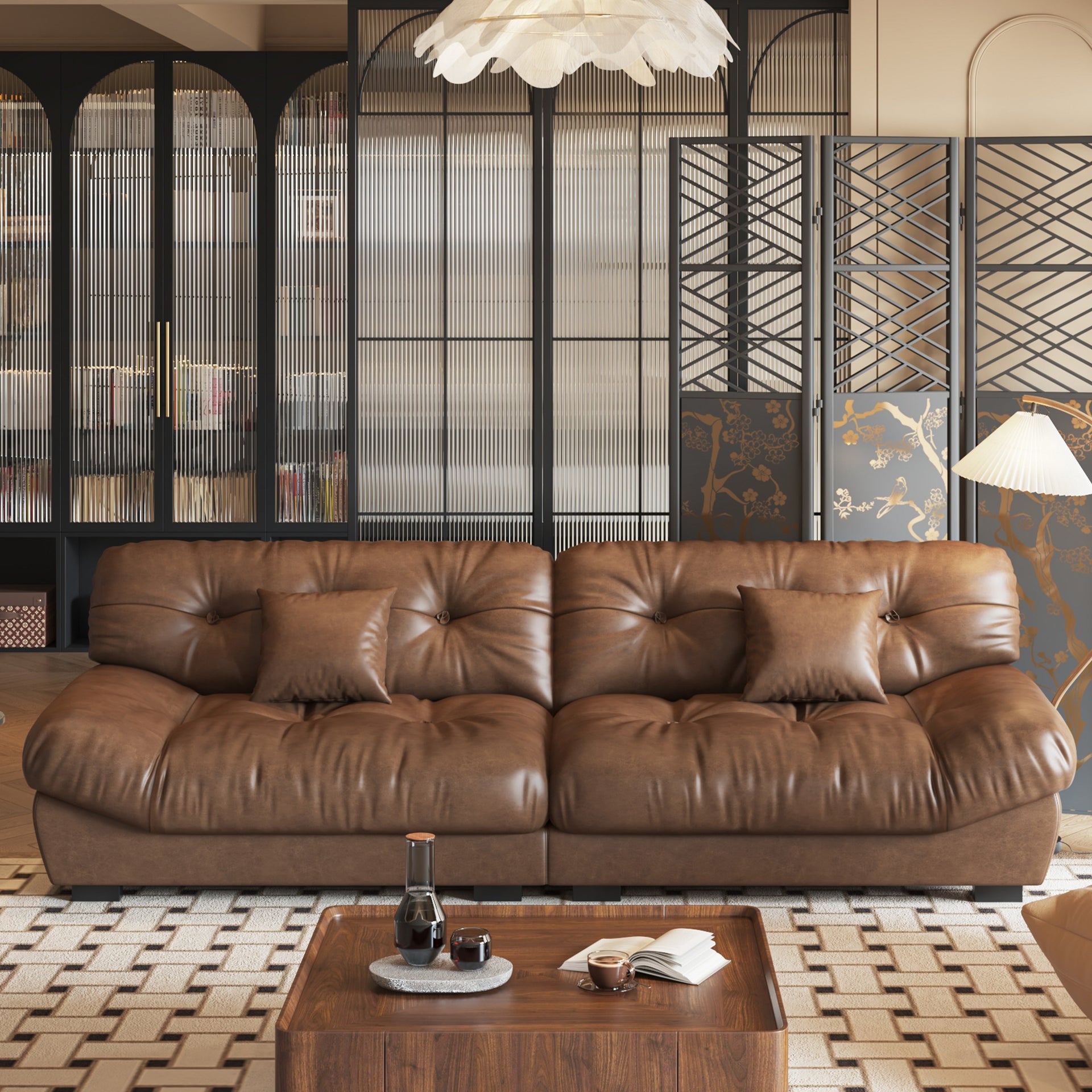 102.4 3-Seat Mid-Century Leather Feather Sofa - 110.2 x 31.9