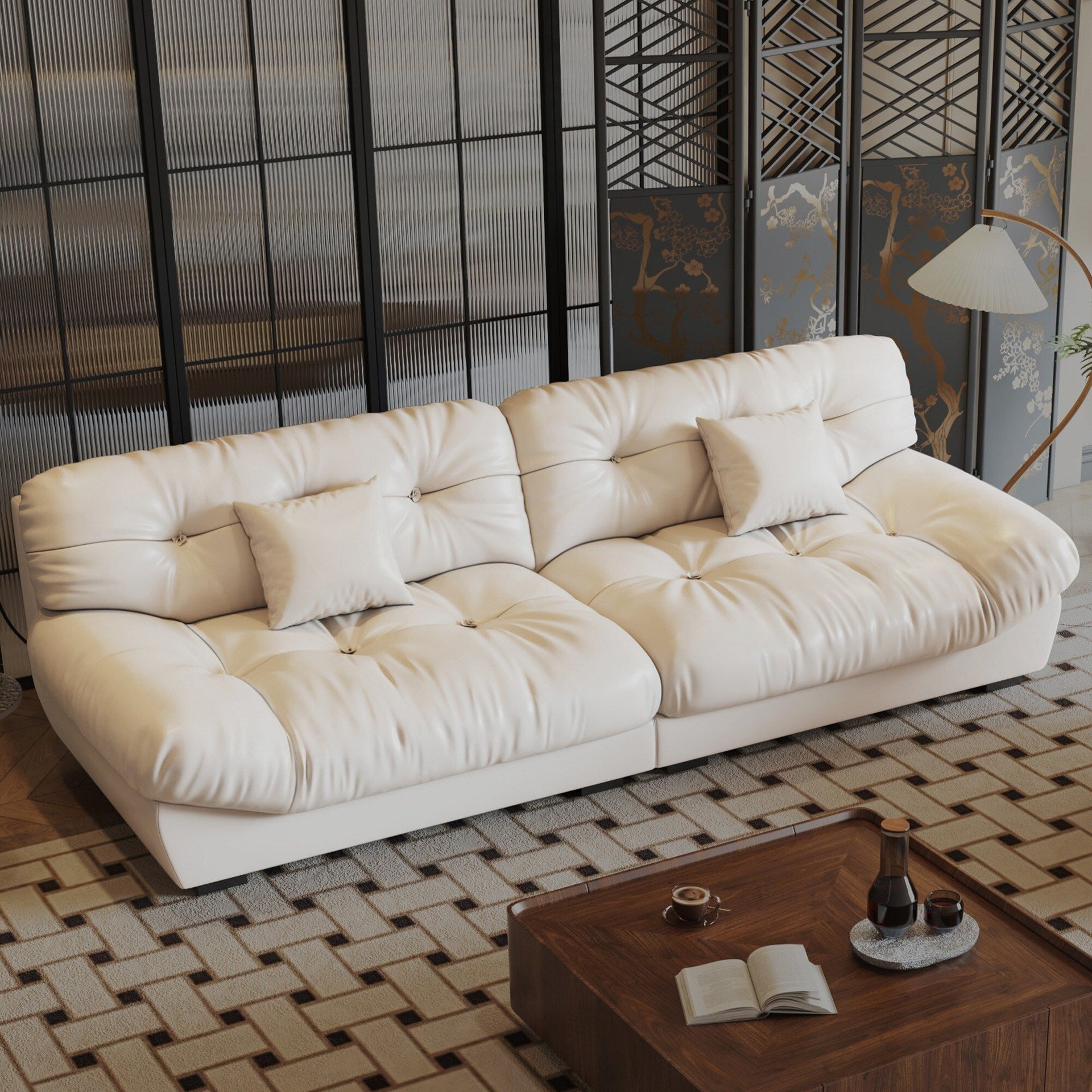 102.4 3-Seat Mid-Century Leather Feather Sofa - 110.2 x 31.9