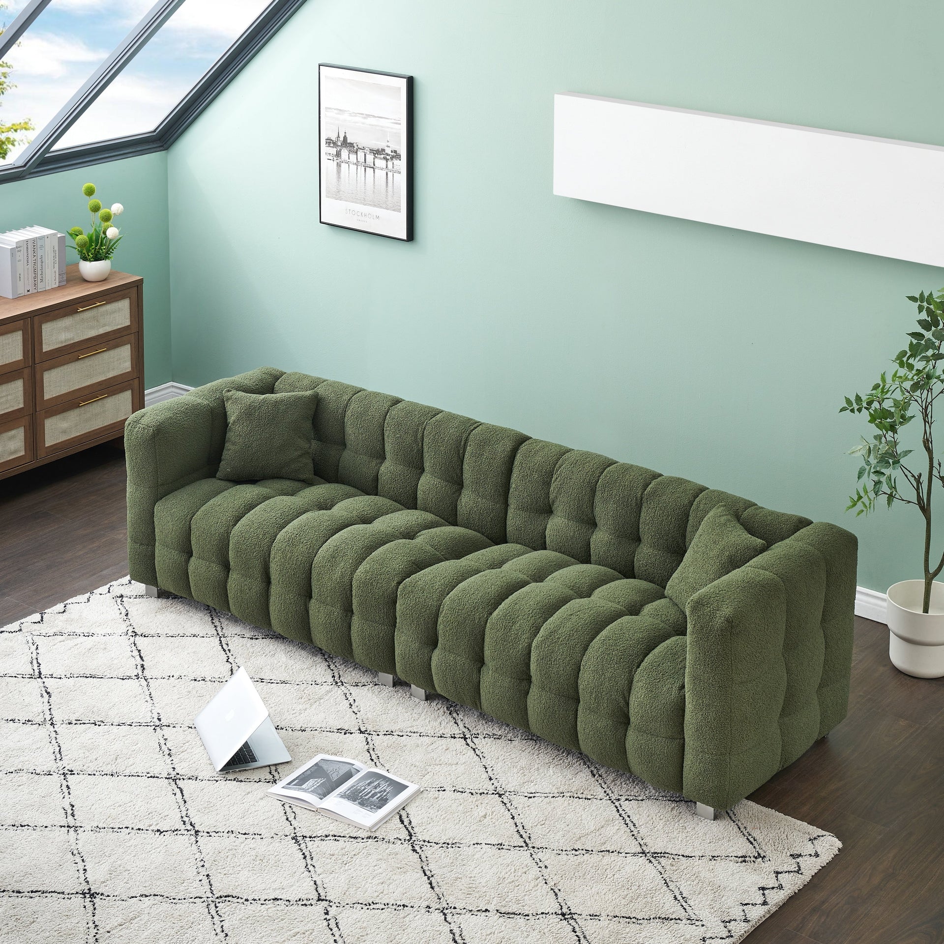 102'' Teddy Velvet 4-Seater Sofa with Metal Legs and Throw Pillows, Modern Multi-Directional Design for Living Room
