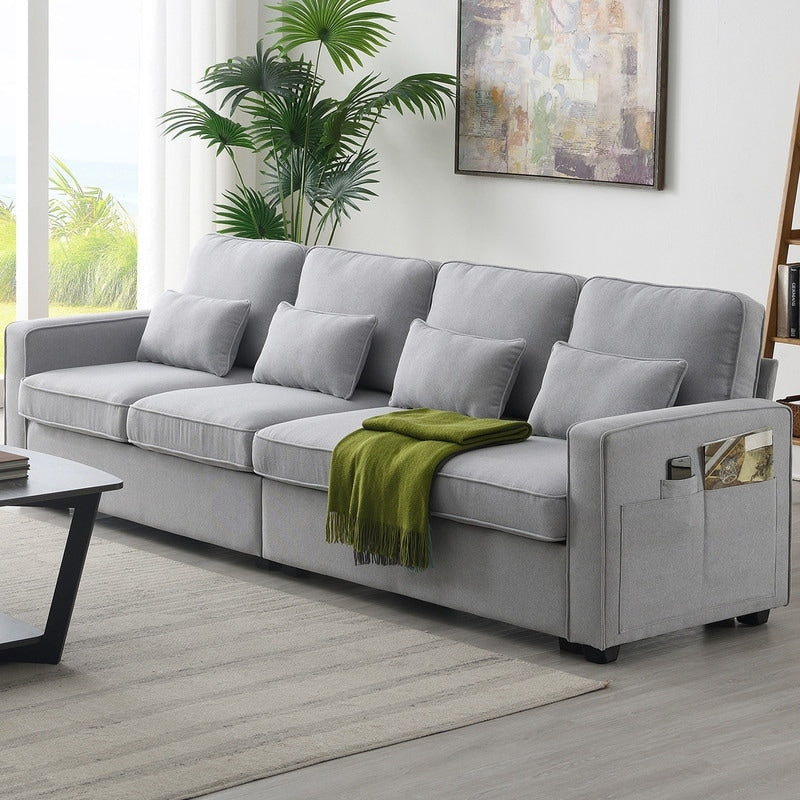 104Upholstered Sofa Couch with Armrest Pockets and 4 Pillows, 4-Seater Modern Linen Fabric Sofa Minimalist Style Couches