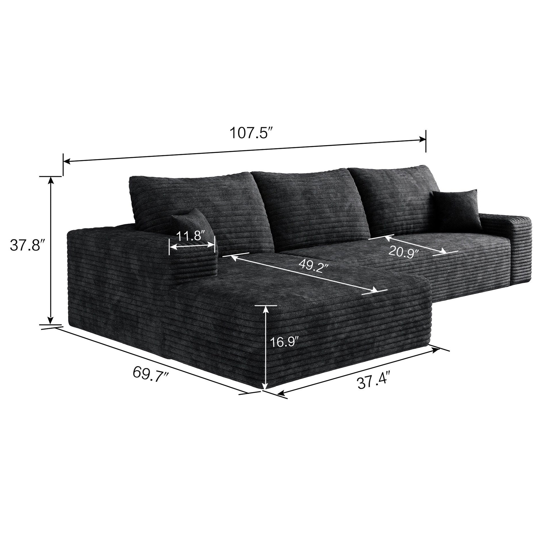 107-Inch Modular Corduroy Sectional Sofa with Chaise and Deep Seating for Living Room Bedroom