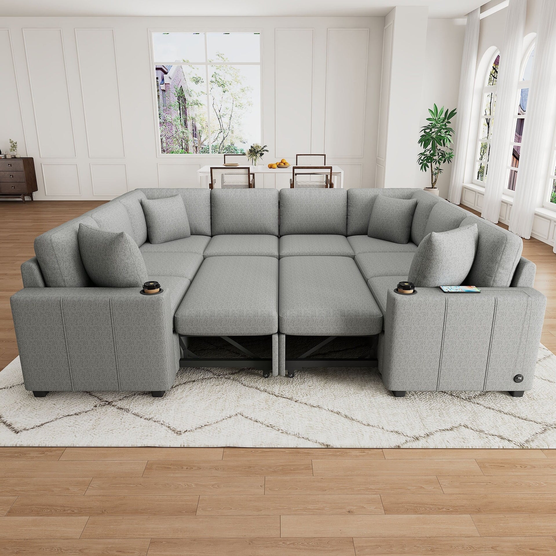 108 Inch Modular UâShaped Sectional Sofa with Pull Out Sleeper, USB Ports and Dual Cup Holders for Living Room