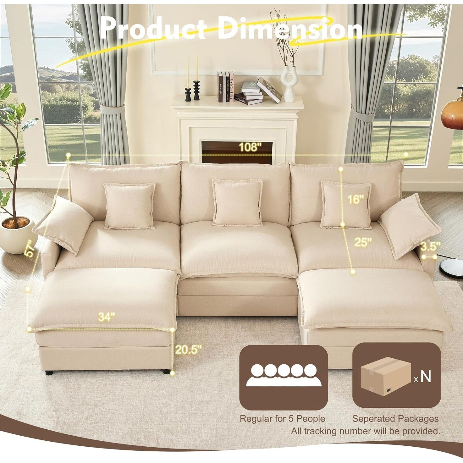 108 L-Shaped Modular Sectional Sofa - 3-Seater Cloud Couch with Movable Ottoman & Deep Seating, Beige Linen Fabric