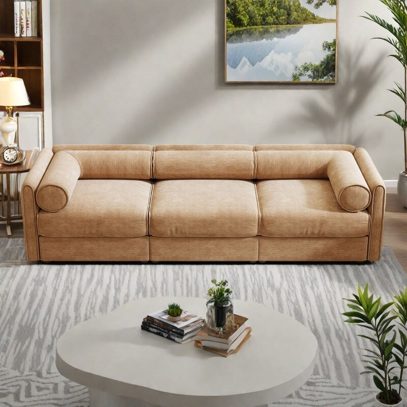 109 3-Seat Chenille Sofa with Storage Compartment, Cylindrical Backrest and Modular Design