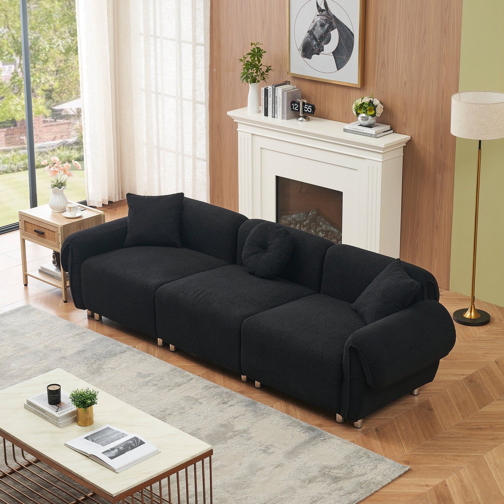 112'' Teddy Fabric 3 Seater Sofa Couch with 3 Pillows, Scratch-Resistant with Soft Cushioning and Metal Legs