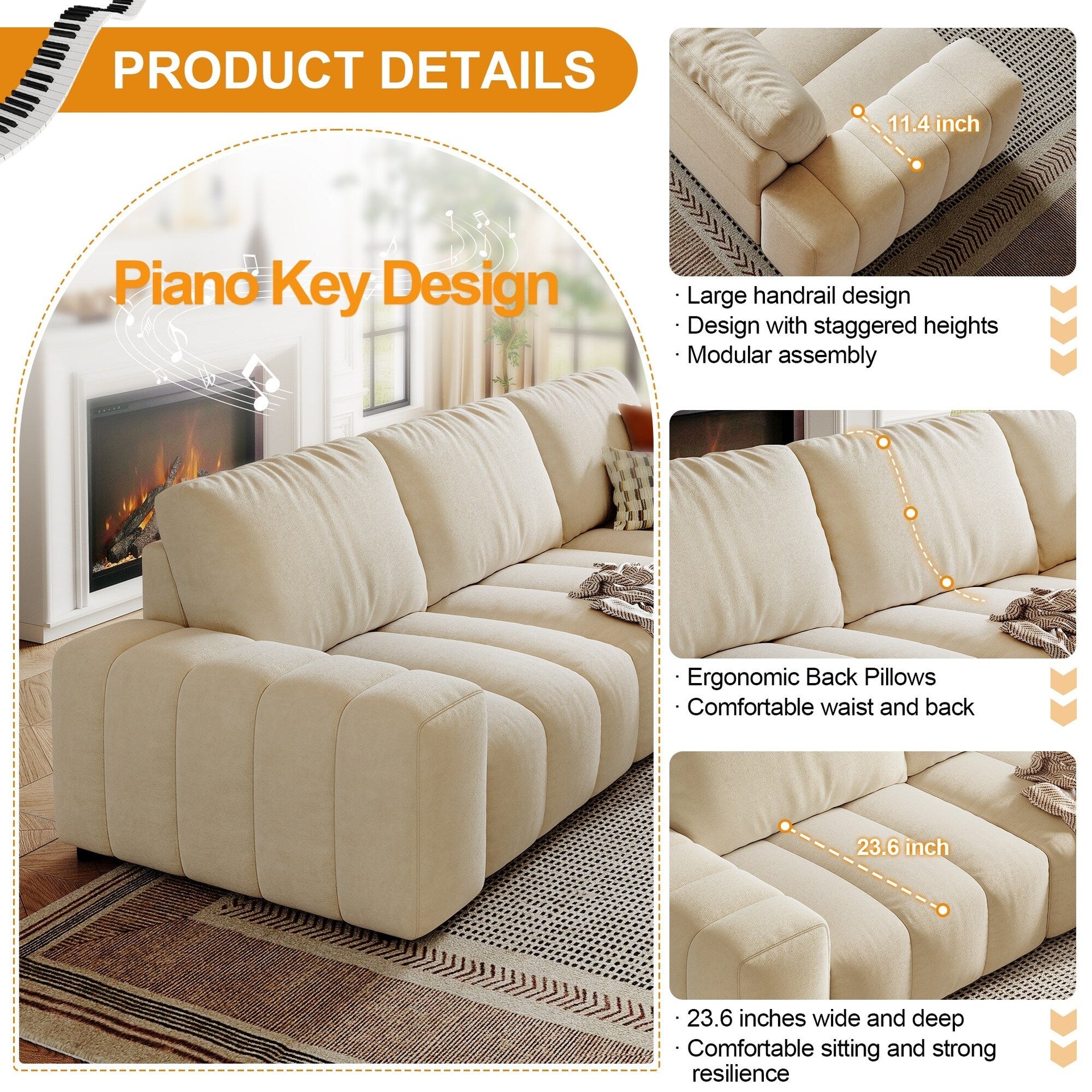 114 Wood 4-Seater Sofa with Solid Wood Frame, Stain-Resistant & Easy Clean, for Pet-Friendly Homes