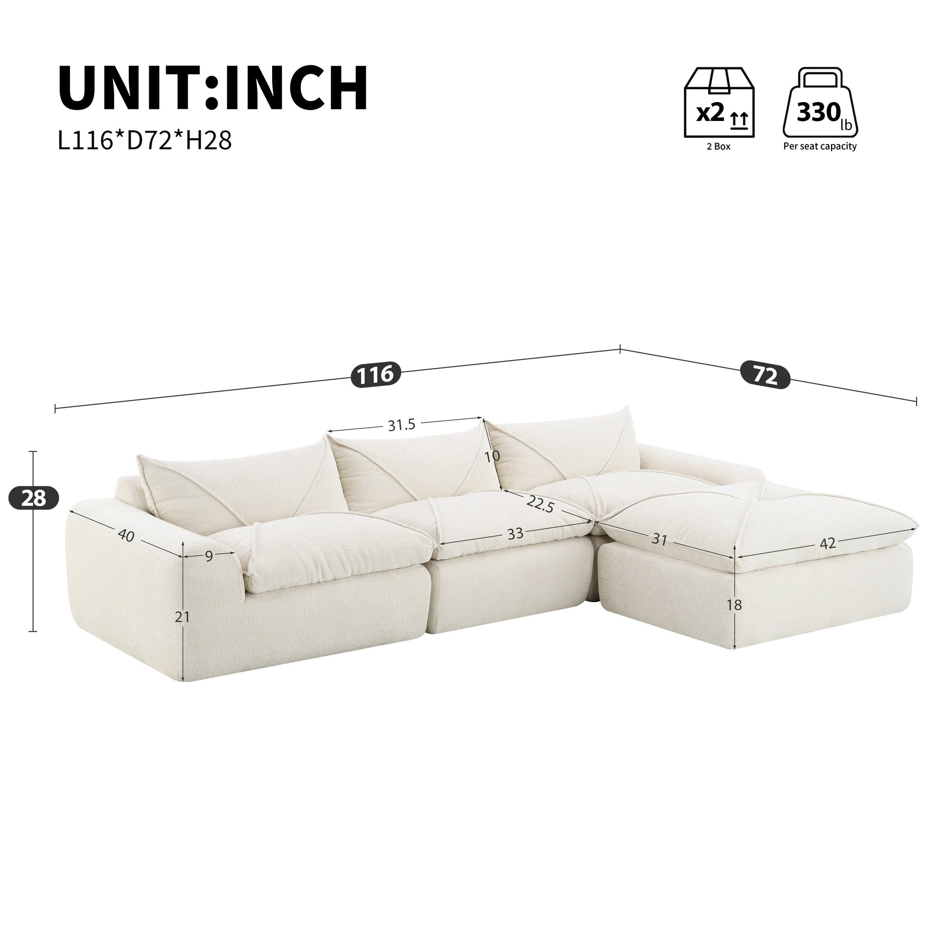 116'' Fully Compressed Sofa with High Density Foam, No Assembly Required, Legless Design without Frame