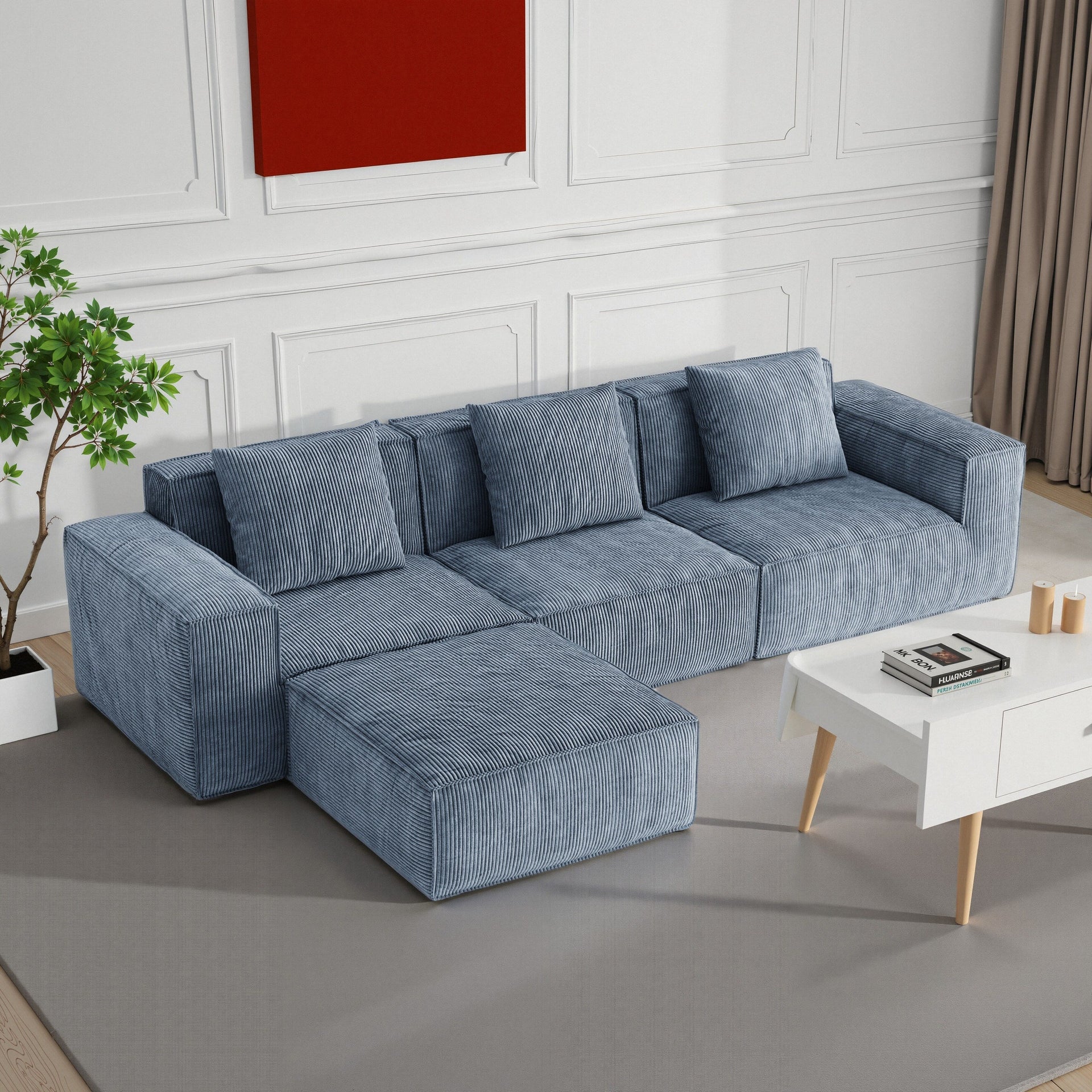 118 Inch Modular Sofa Bed Convertible 3 Seater with Footrest Gray Corduroy Velvet