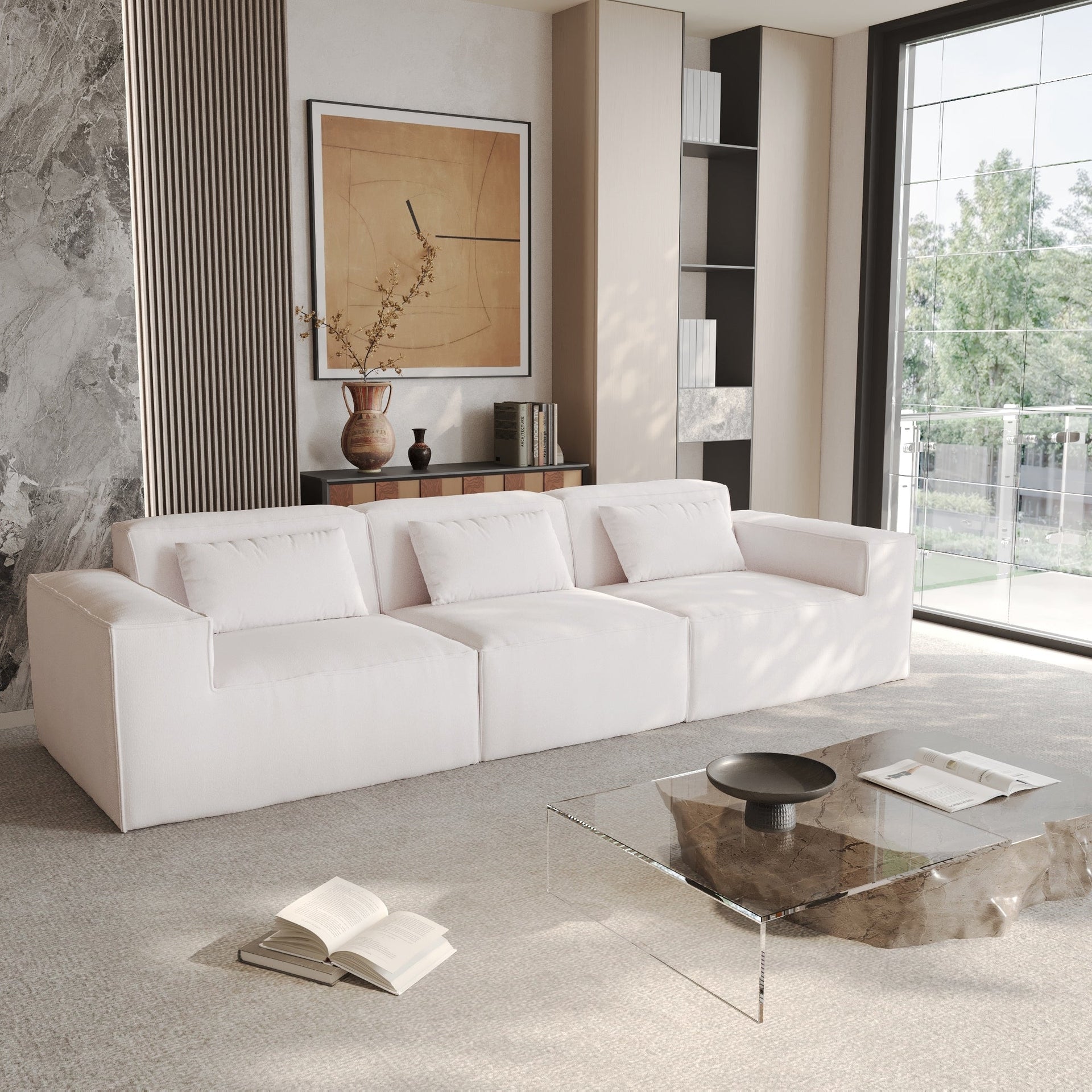 118 Modular Sofa Sectional Couch with Movable Fabric Cover & 3 Pillows, Comfy 3-Seater Corduroy Fabric Couch