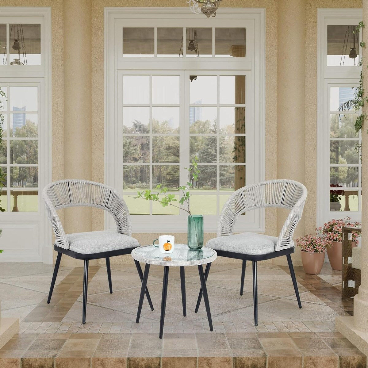 XINMICS 3 Pieces Handmade Rope Woven Cutout Backrest Patio Furniture