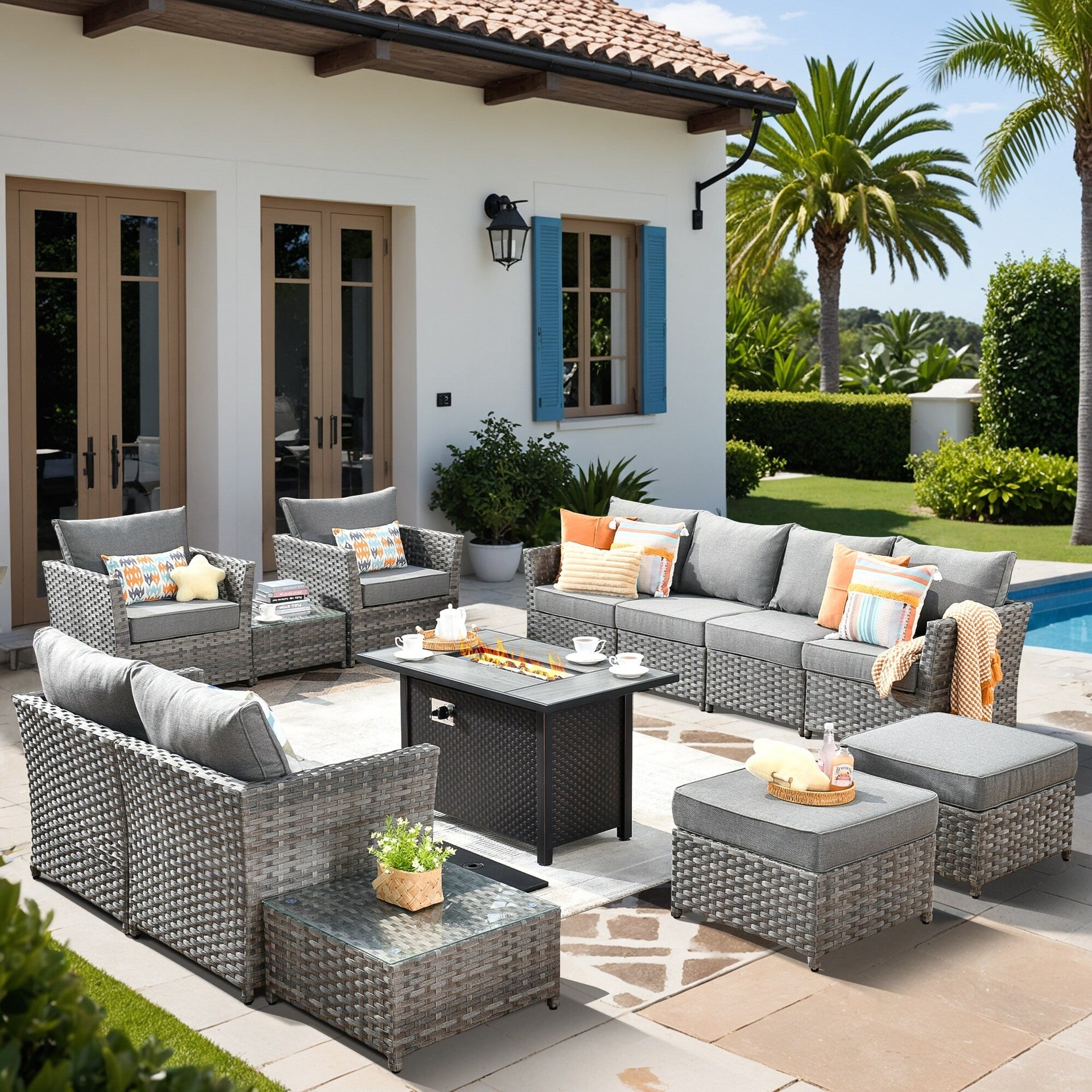 XIZZI 13-piece Outdoor Patio Wicker Furniture Set with Fire Table