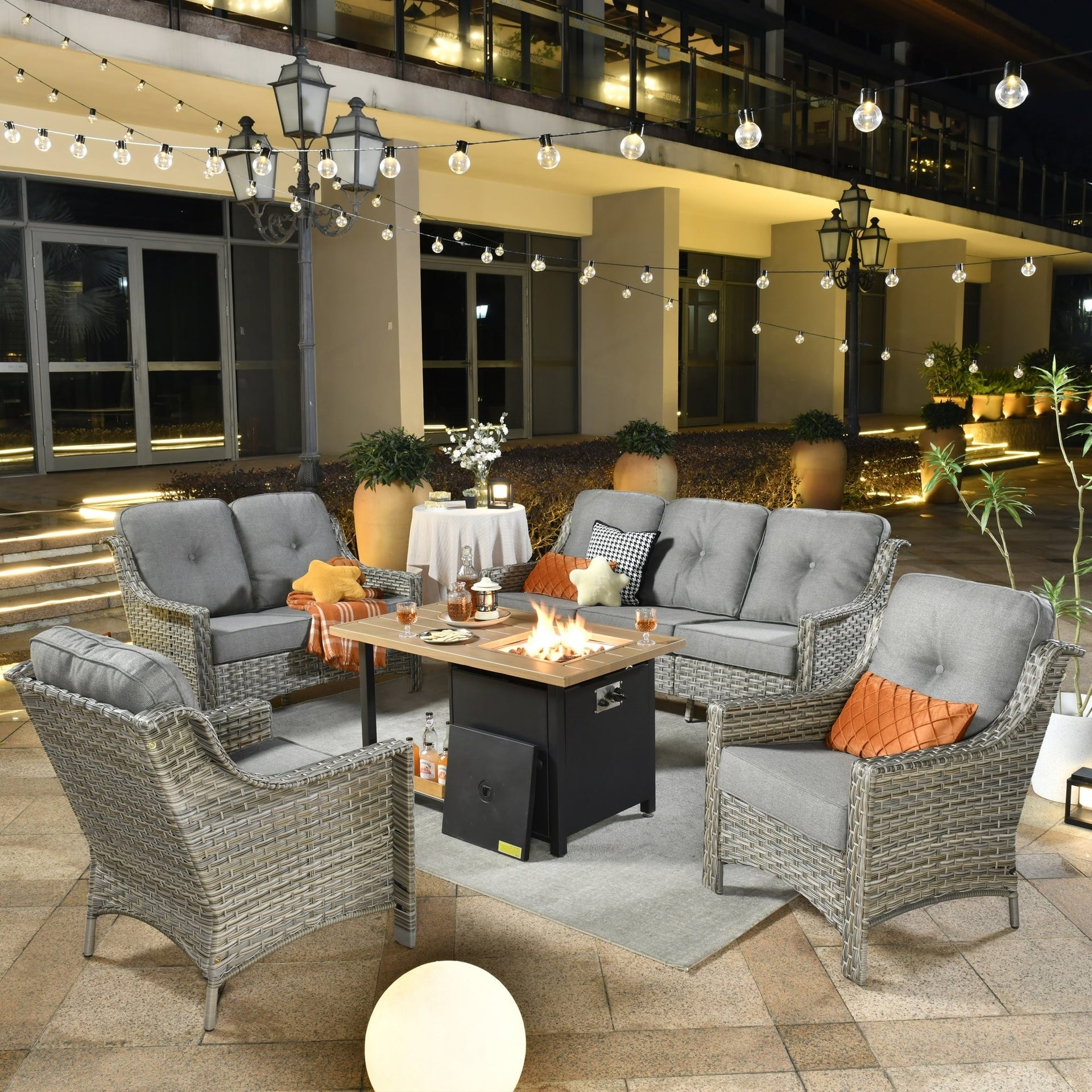 XIZZI 5-piece Patio Furniture Wicker Outdoor High Back Sofa Set with Fire Pit