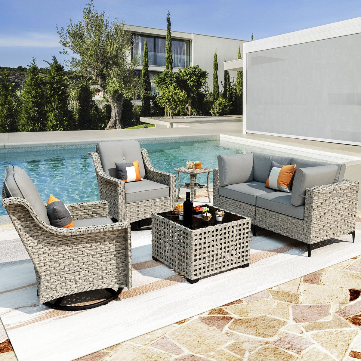 XIZZI 6-piece Patio Furniture Wicker Conversation Set with Swivel Chair