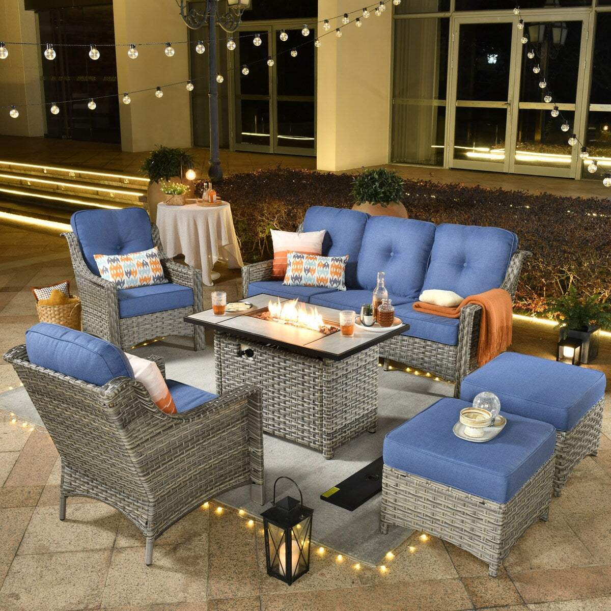 XIZZI 6-piece Rattan Wicker Outdoor Furniture Deep Seat Sofa Set with Fire Pit