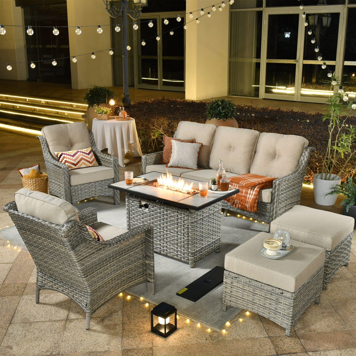 XIZZI 6-piece Rattan Wicker Outdoor Furniture Deep Seat Sofa Set with Fire Pit