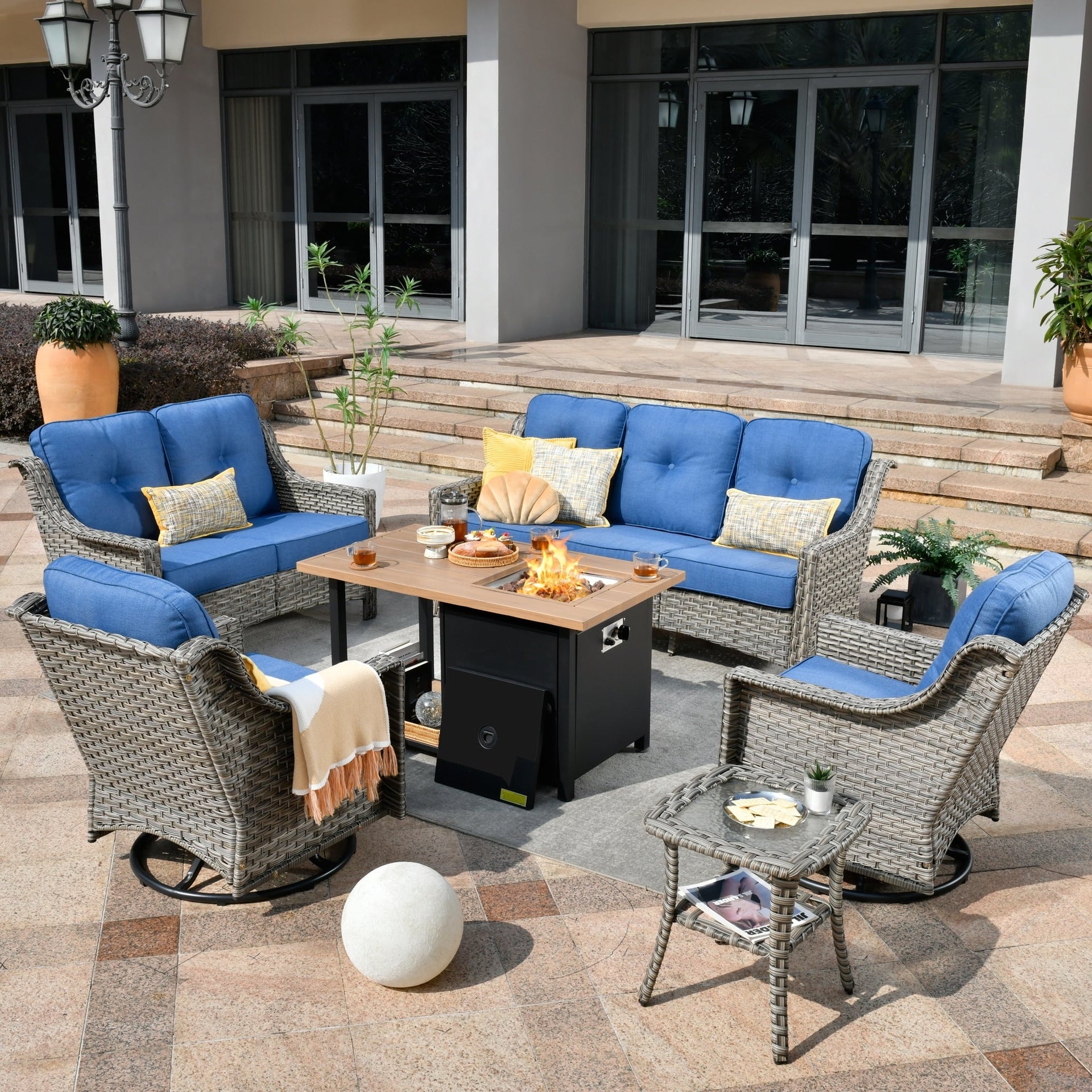XIZZI 6-piece Outdoor High-back Furniture Swivel Chair Set with Fire Pit