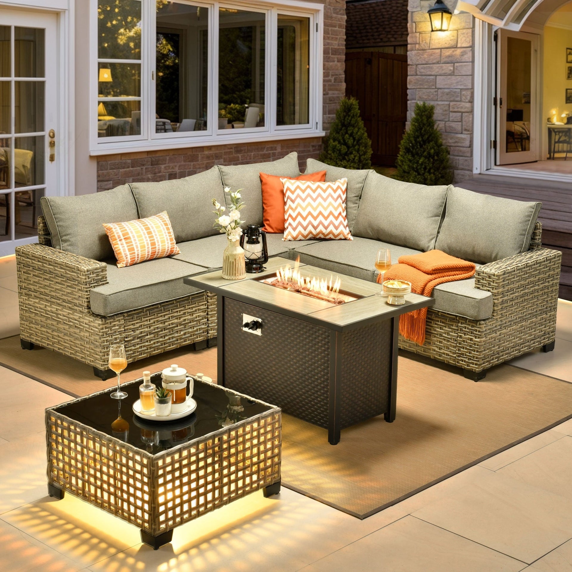 XIZZI 7 Pieces Patio Furniture Wicker Sectional Sofa Set with Fire Pit Table