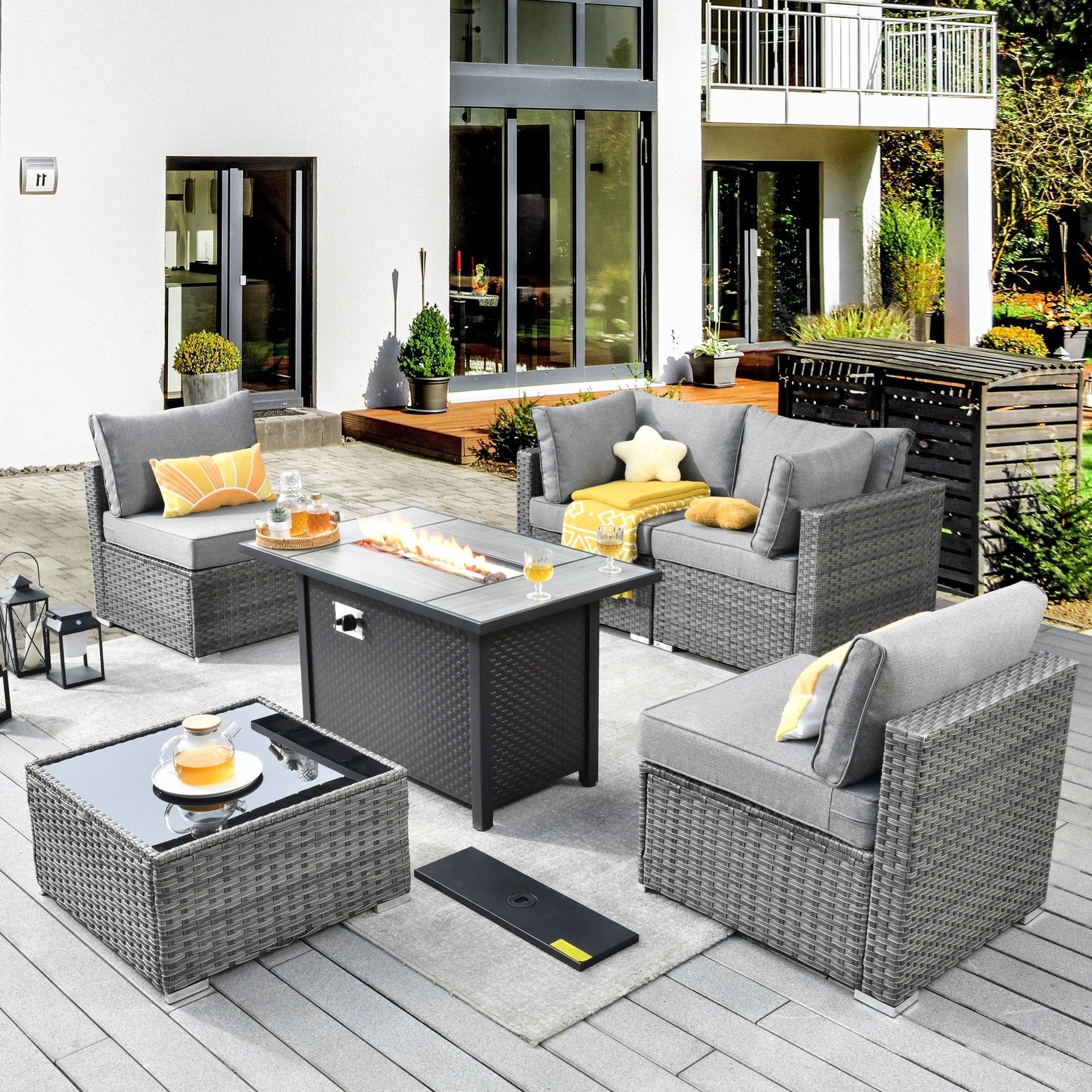 XIZZI 6-piece Patio Furniture Set Outdoor Sectional Rattan Sofa with Firepit