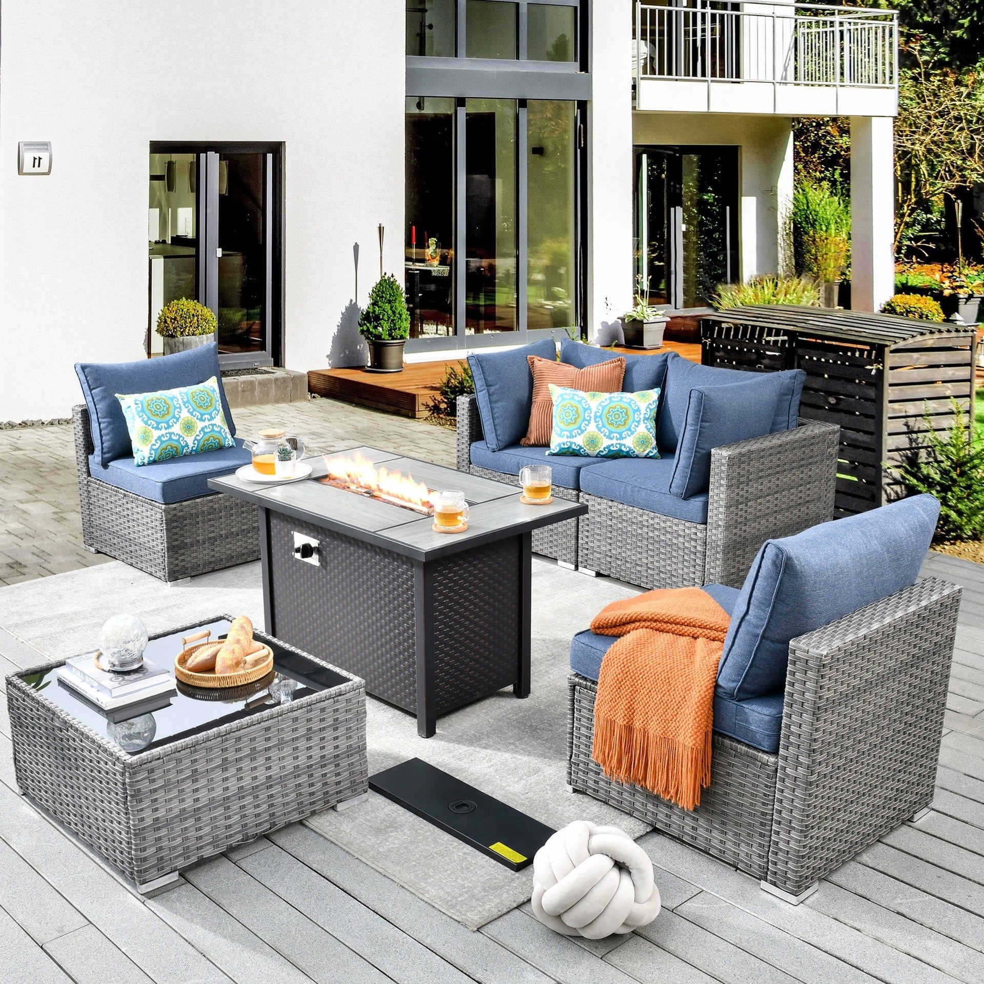 XIZZI 6-piece Patio Furniture Set Outdoor Sectional Rattan Sofa with Firepit