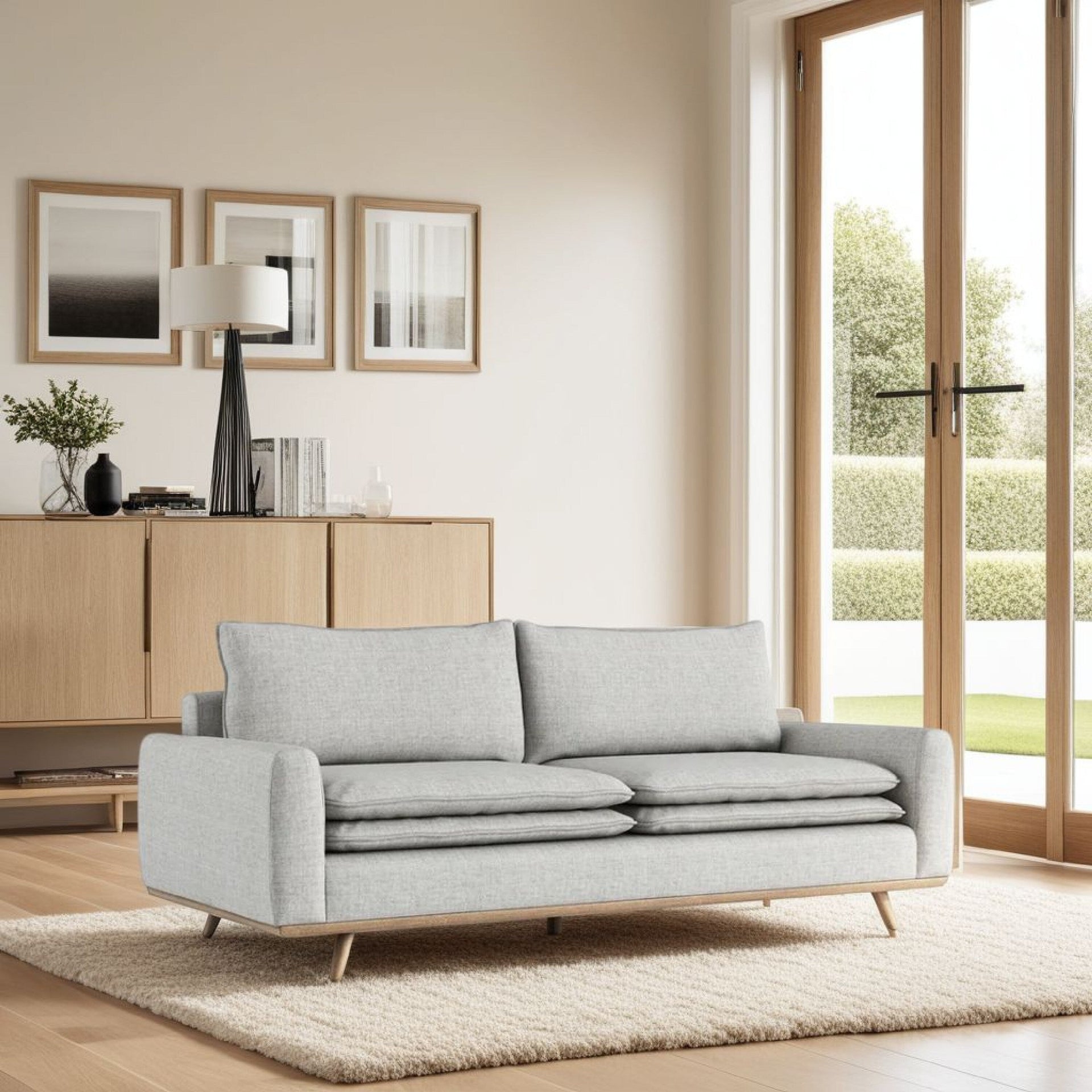 Yaana Sofa, Feather Blend Pillow, Oak Brown Wood, Gray Fabric 83 Inch