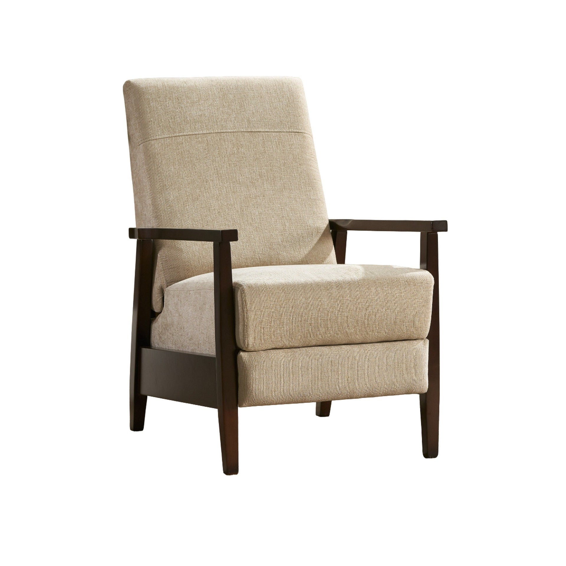 Yahya Manual Recliner Chair, Ergonomic Brown Rubberwood, Sand Beige Fabric