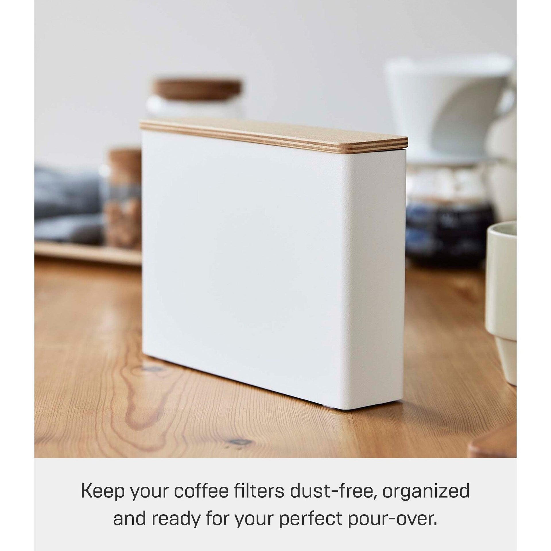 Yamazaki Home Coffee Filter Case - Size 04, Steel and Wood, 04 Coffee Filters, Lid - L 2.05 x W 8.27 x H 6.1 inches