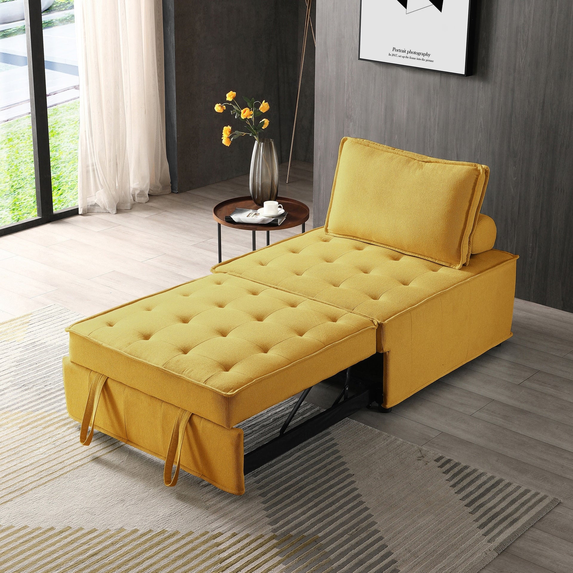 Yellow 39 Single Multipurpose Ottoman Pull Out Sofa Bed with Adjustable Backrest and Pillow for Living Room