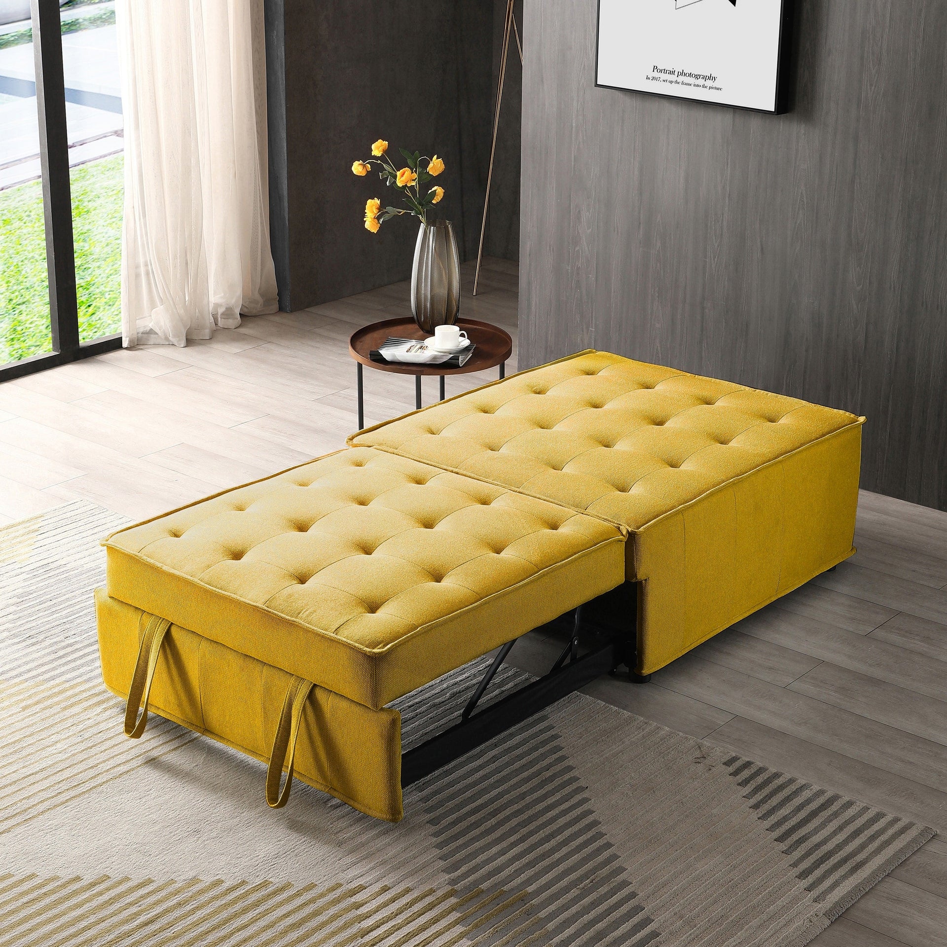Yellow 39 Single Multipurpose Ottoman Pull Out Sofa Bed with Adjustable Backrest and Pillow for Living Room