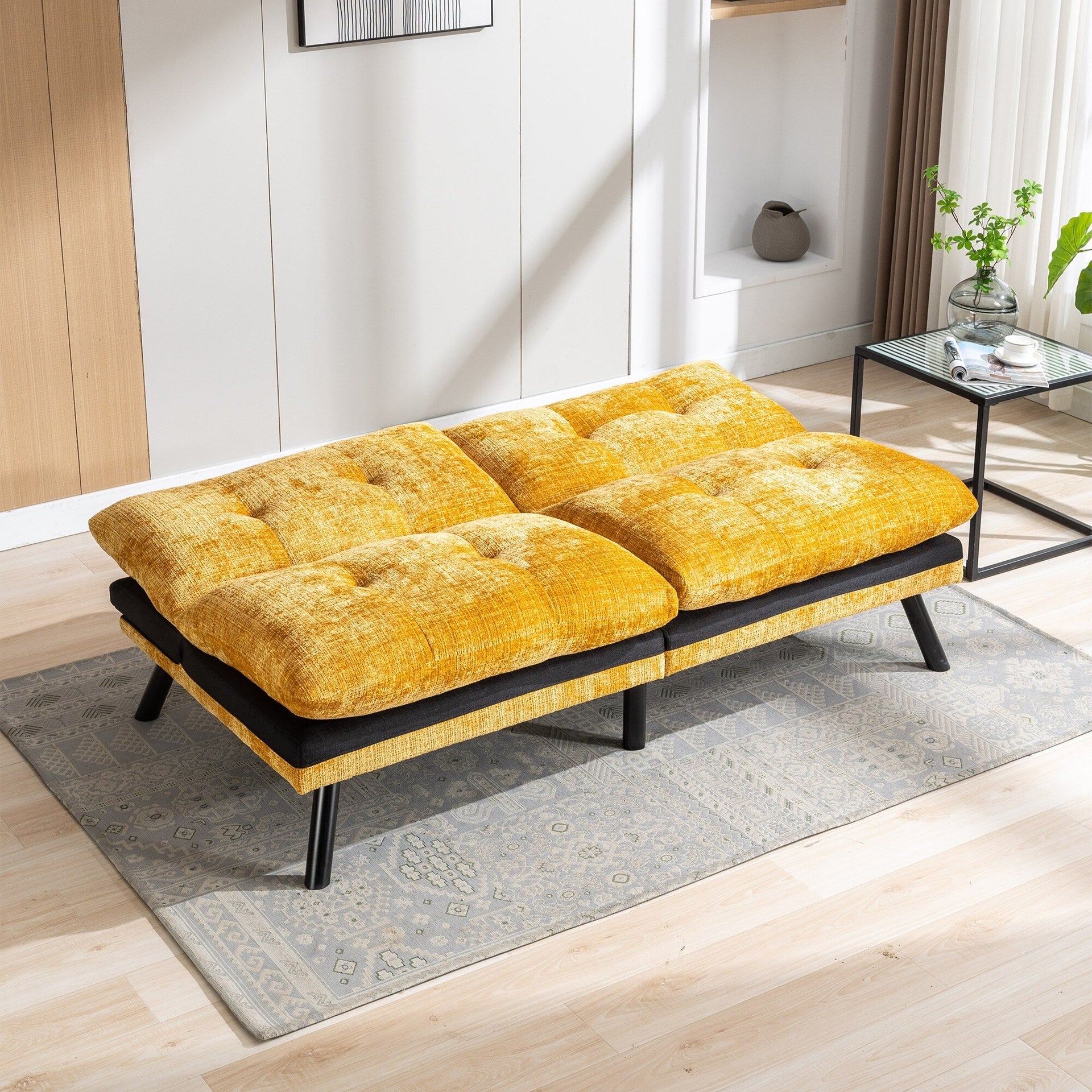 Yellow 75.6 Chenille Convertible Loveseat Futon Sofa Bed with Metal Legs for Living Room