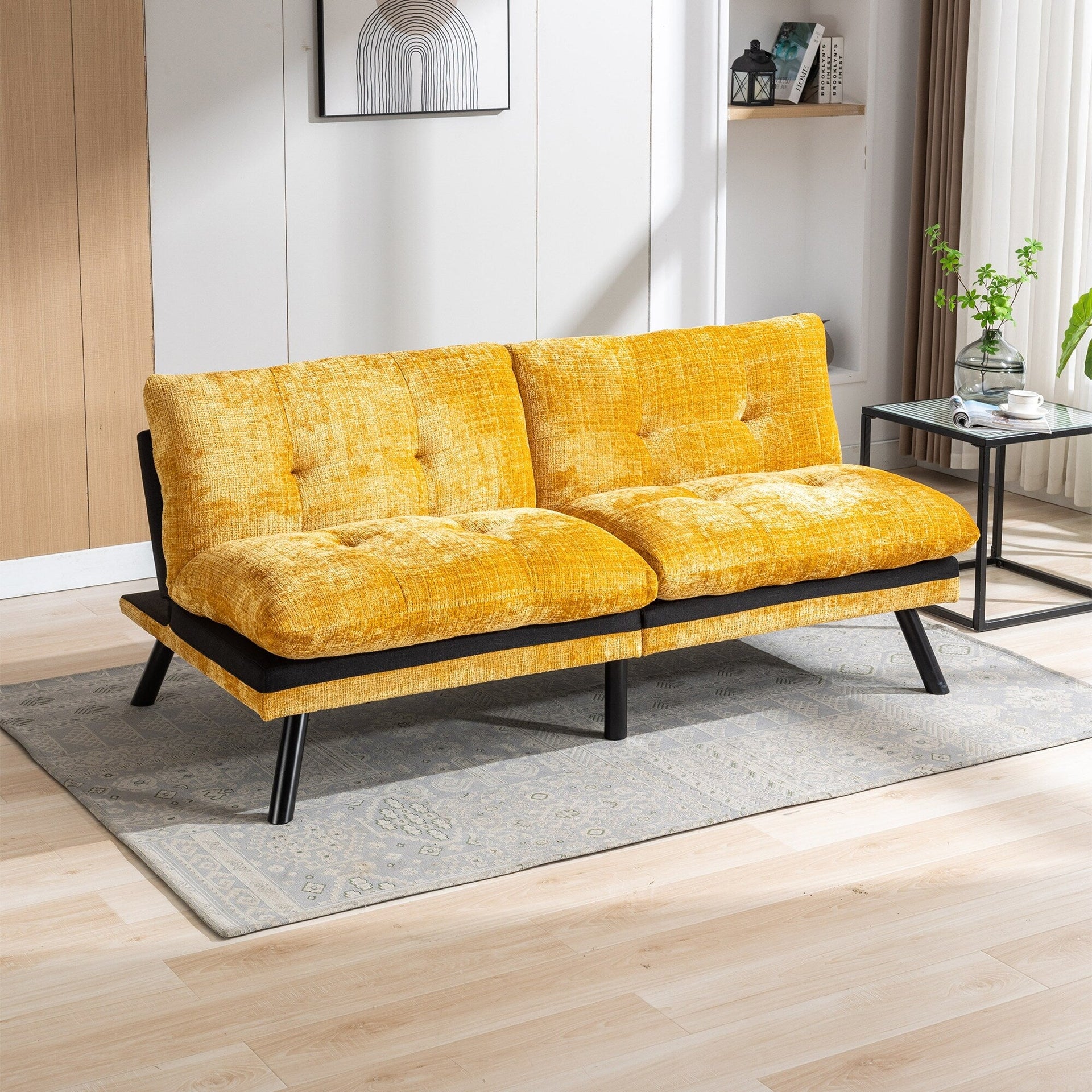 Yellow 75.6 Chenille Convertible Loveseat Futon Sofa Bed with Metal Legs for Living Room