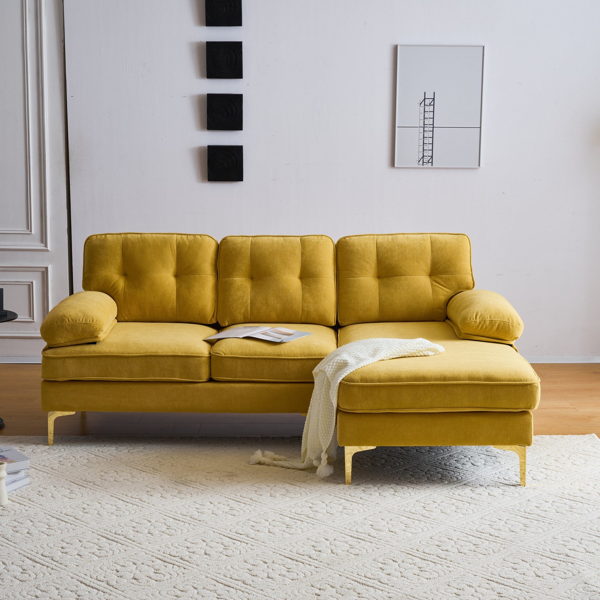 Yellow 83'' L-Shaped Velvet 3-Seater Sectional Sofa with Loose Backrests, Armrests, and Metal Legs