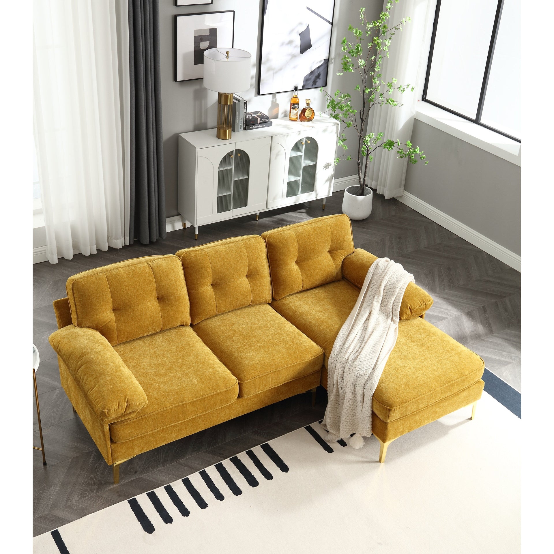 Yellow 85'' L-Shaped Fabric 3-Seater Sofa with High-Quality Wood Frame, Spring Cushions, and Waist Pillows