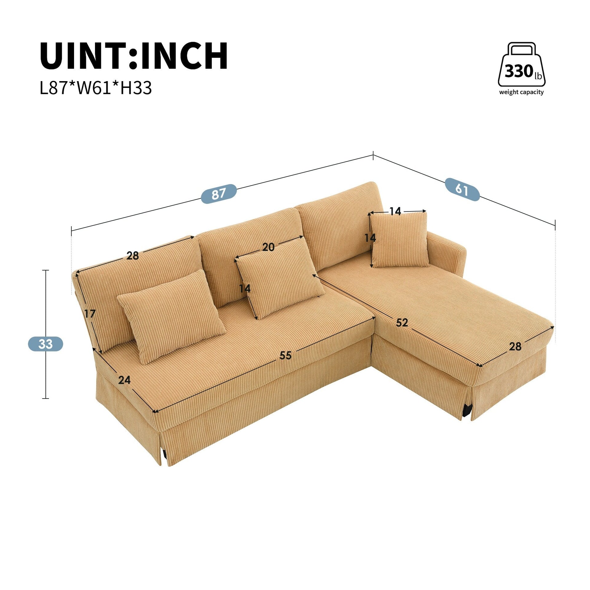 Yellow 87 L-Shaped 3-Seater Sofa with Reversible Chaise and 3 Cushions, Space-Saving Design for Living Room