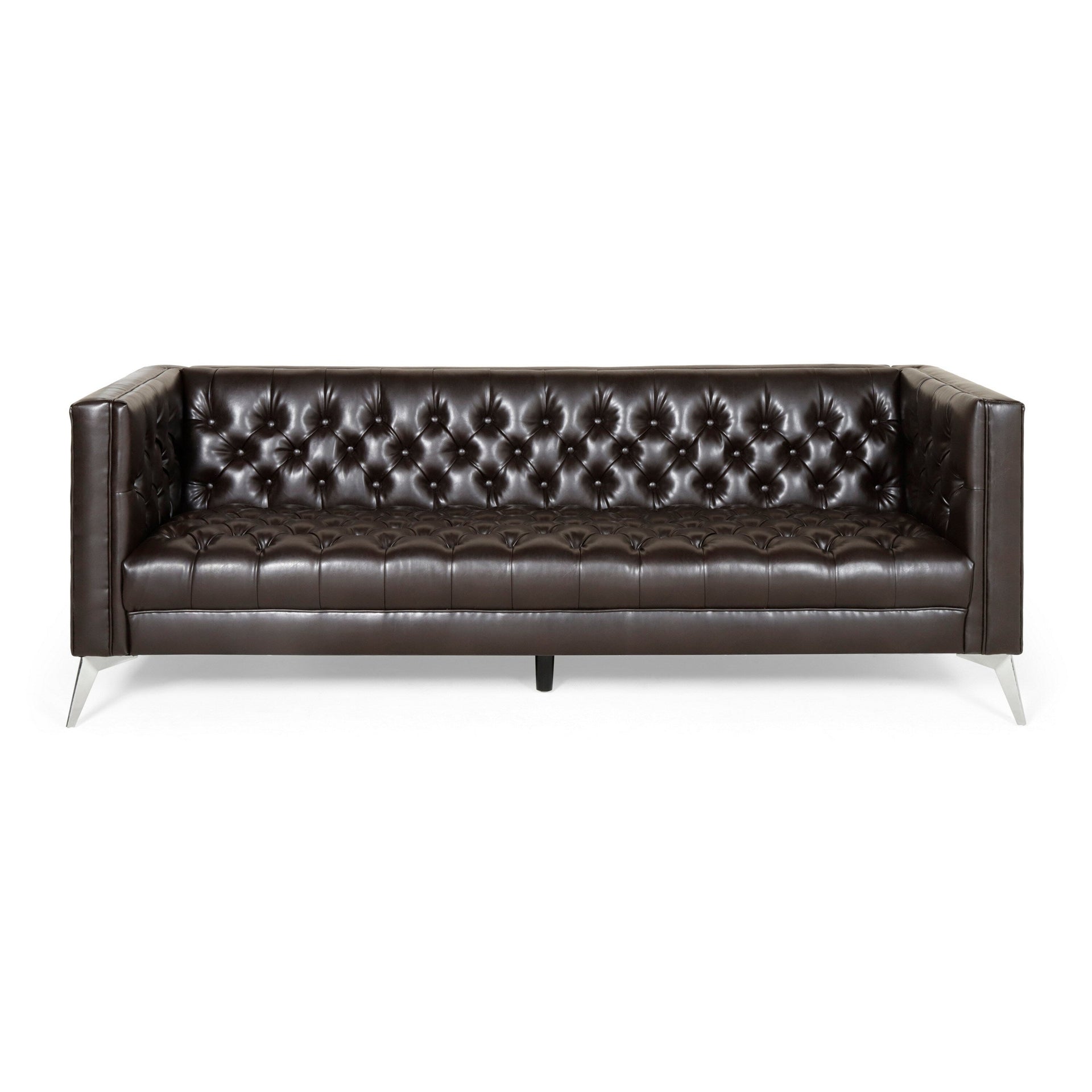 Zexy Sofa, 3 Seater Button Tufted Chesterfield Rich Brown Faux Leather