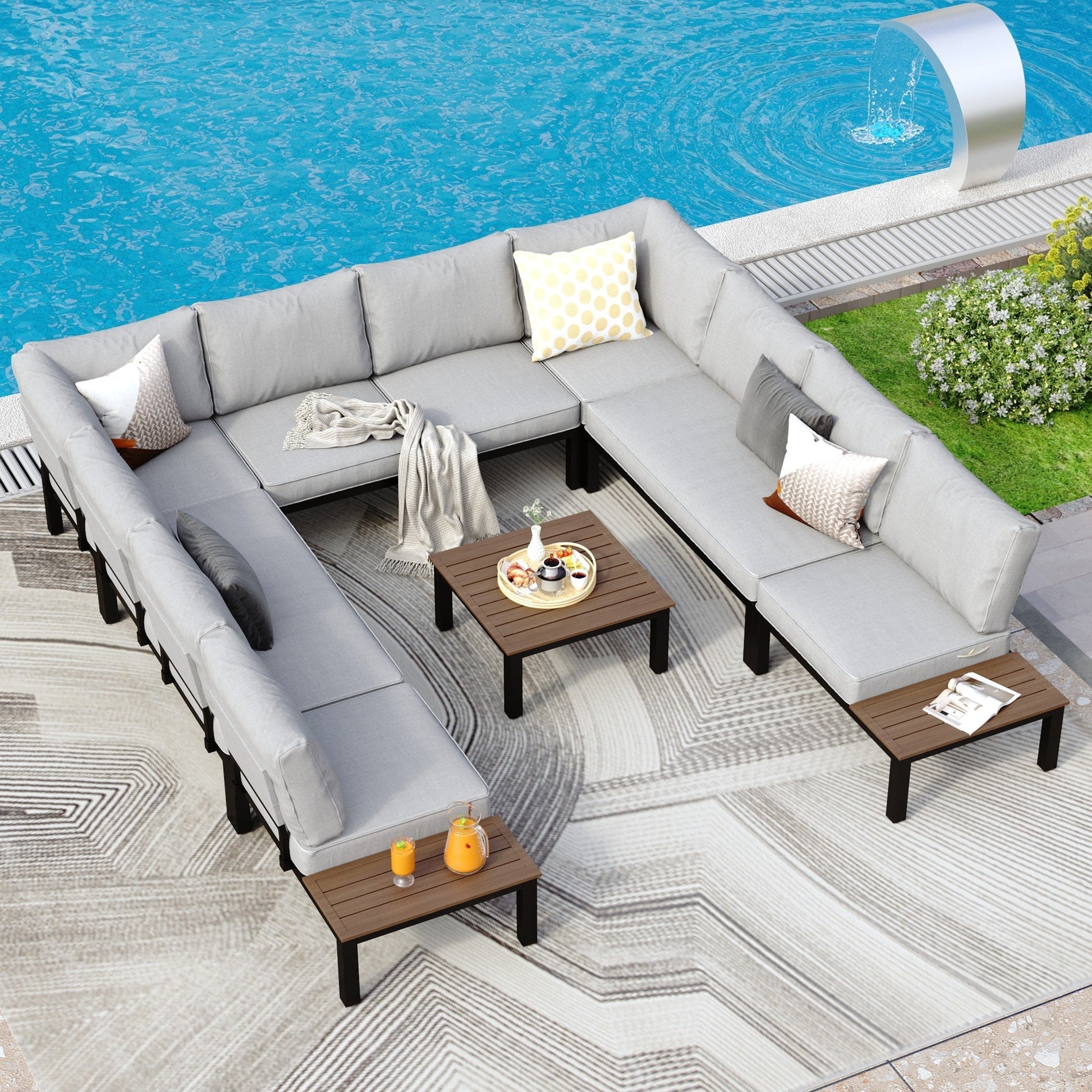 10-Seat Patio Sectional sofa set, E-coating Steel frame Conversation Sets with Built-in Side Table , Grey Cushion