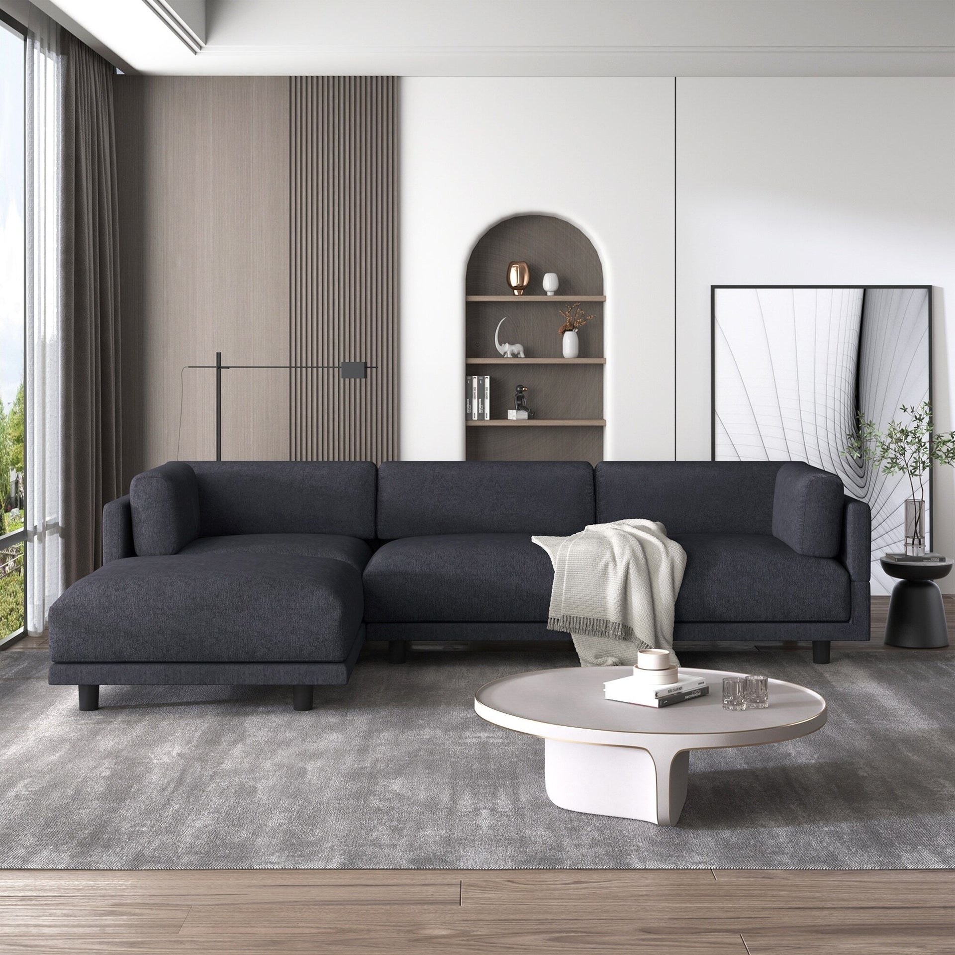 102.4'' L-Shaped Polyester Sectional Sofa with Reversible Ottoman, Plush Cushions, and Sturdy Plastic Base