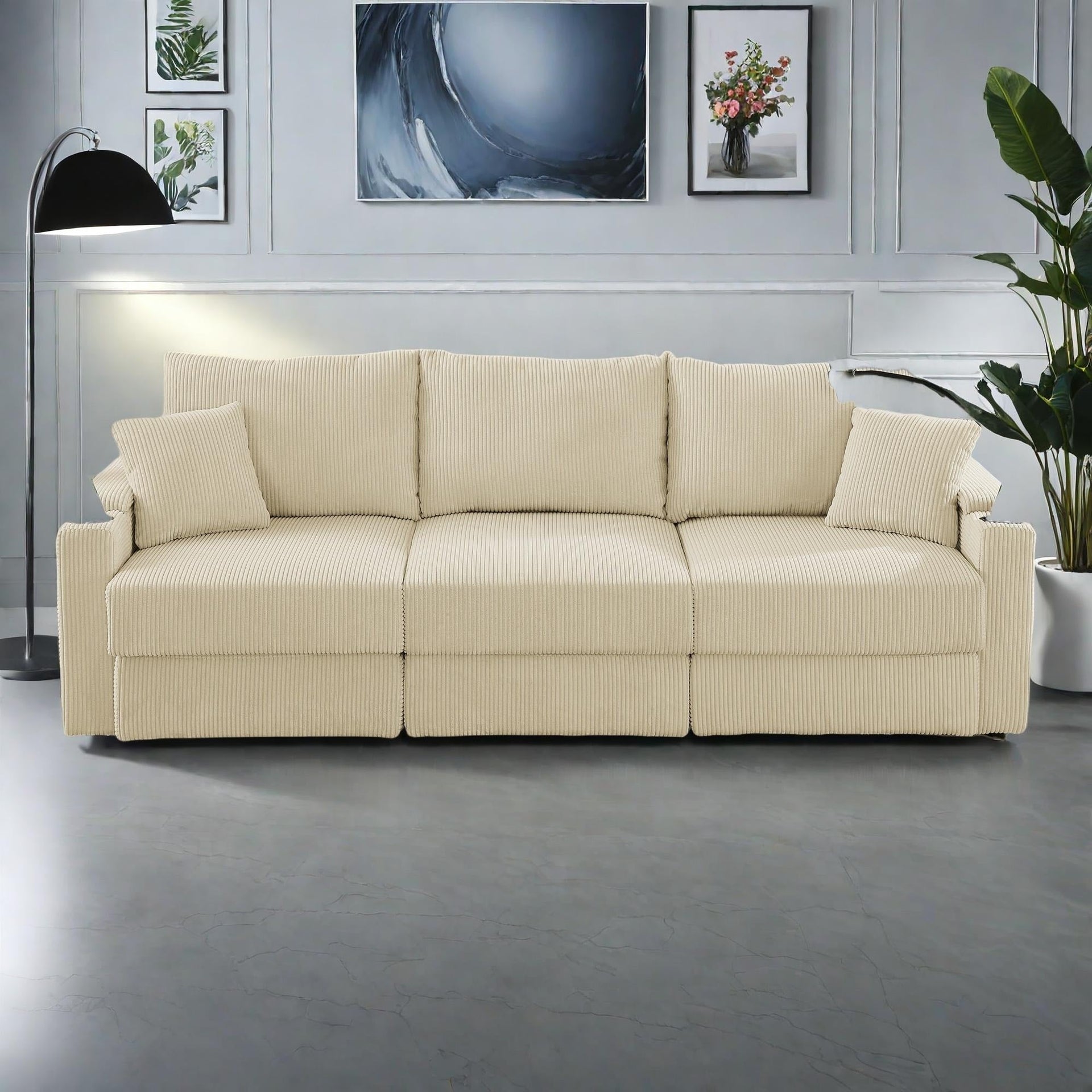102 Corduroy Modern 3-Seater Sofa Deep Seat with Cup Holders & Phone Holder