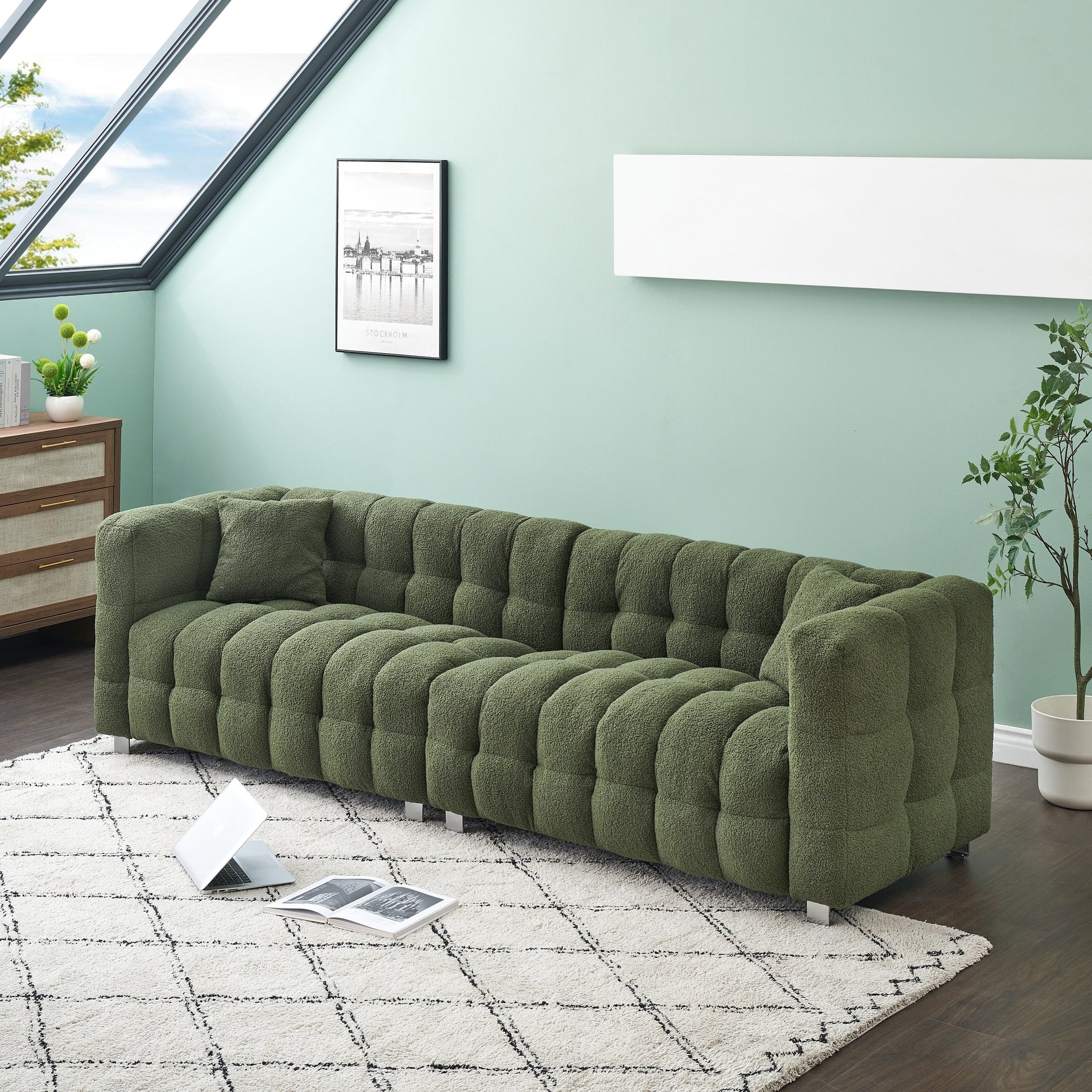 102'' Teddy Velvet 4-Seater Sofa with Metal Legs and Throw Pillows, Modern Multi-Directional Design for Living Room