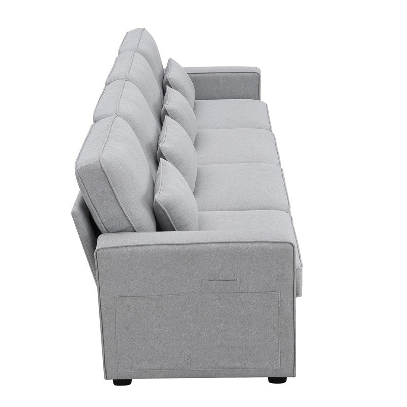 104Upholstered Sofa Couch with Armrest Pockets and 4 Pillows, 4-Seater Modern Linen Fabric Sofa Minimalist Style Couches