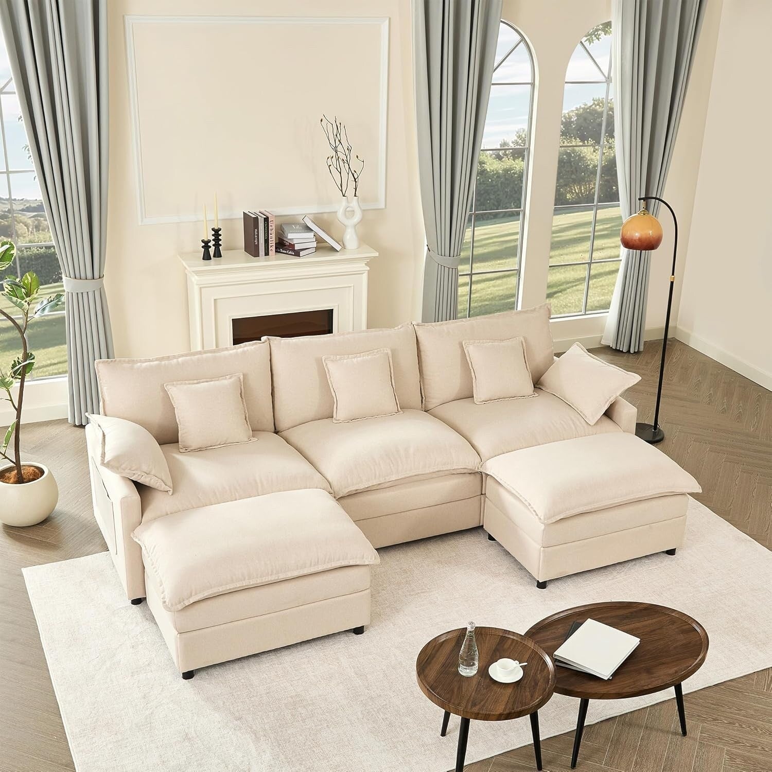 108 L-Shaped Modular Sectional Sofa - 3-Seater Cloud Couch with Movable Ottoman & Deep Seating, Beige Linen Fabric