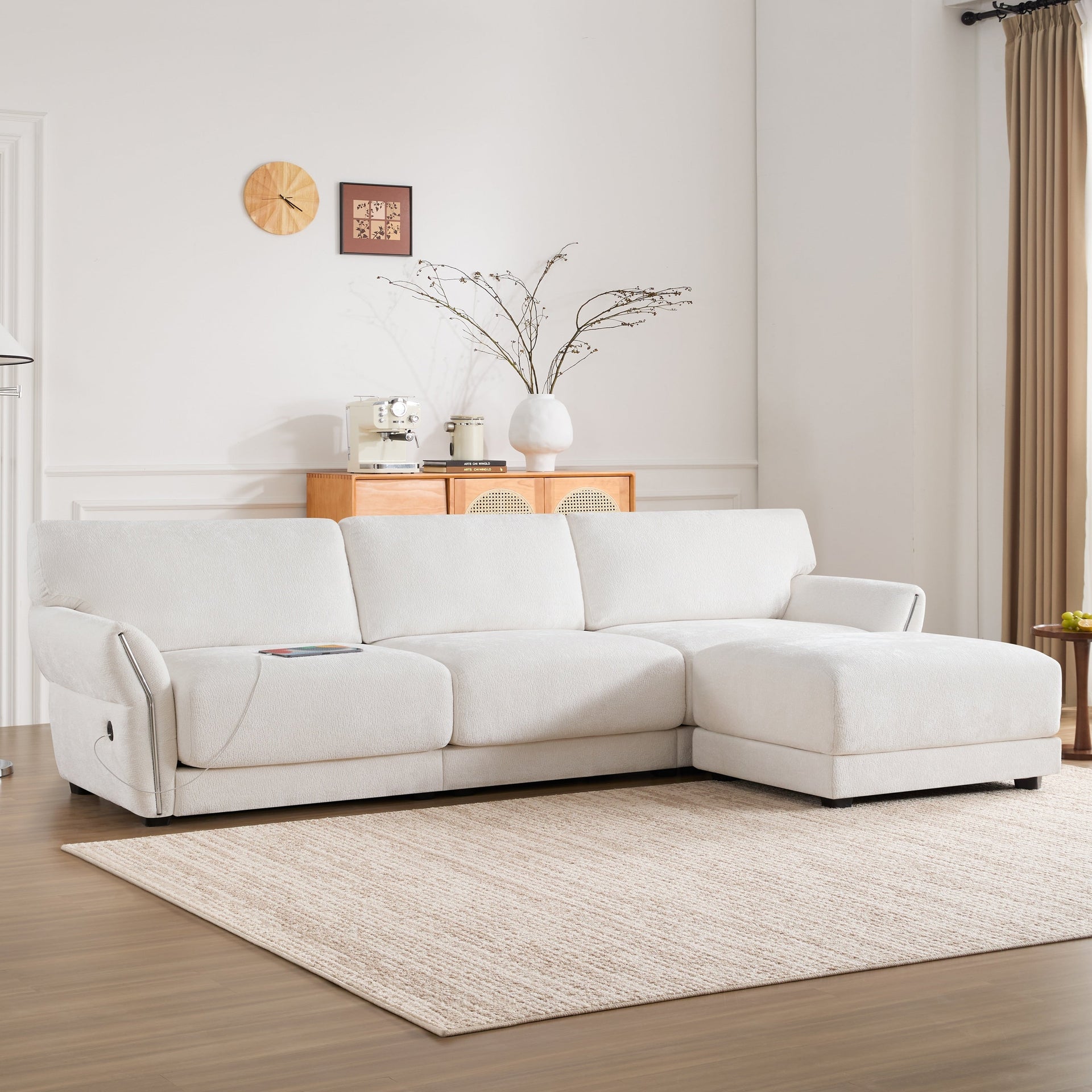 110 Inch L-Shaped Chenille Sectional Sofa with USB and Type-C Charging, Petal Armrests, Movable Ottoman for Living Room