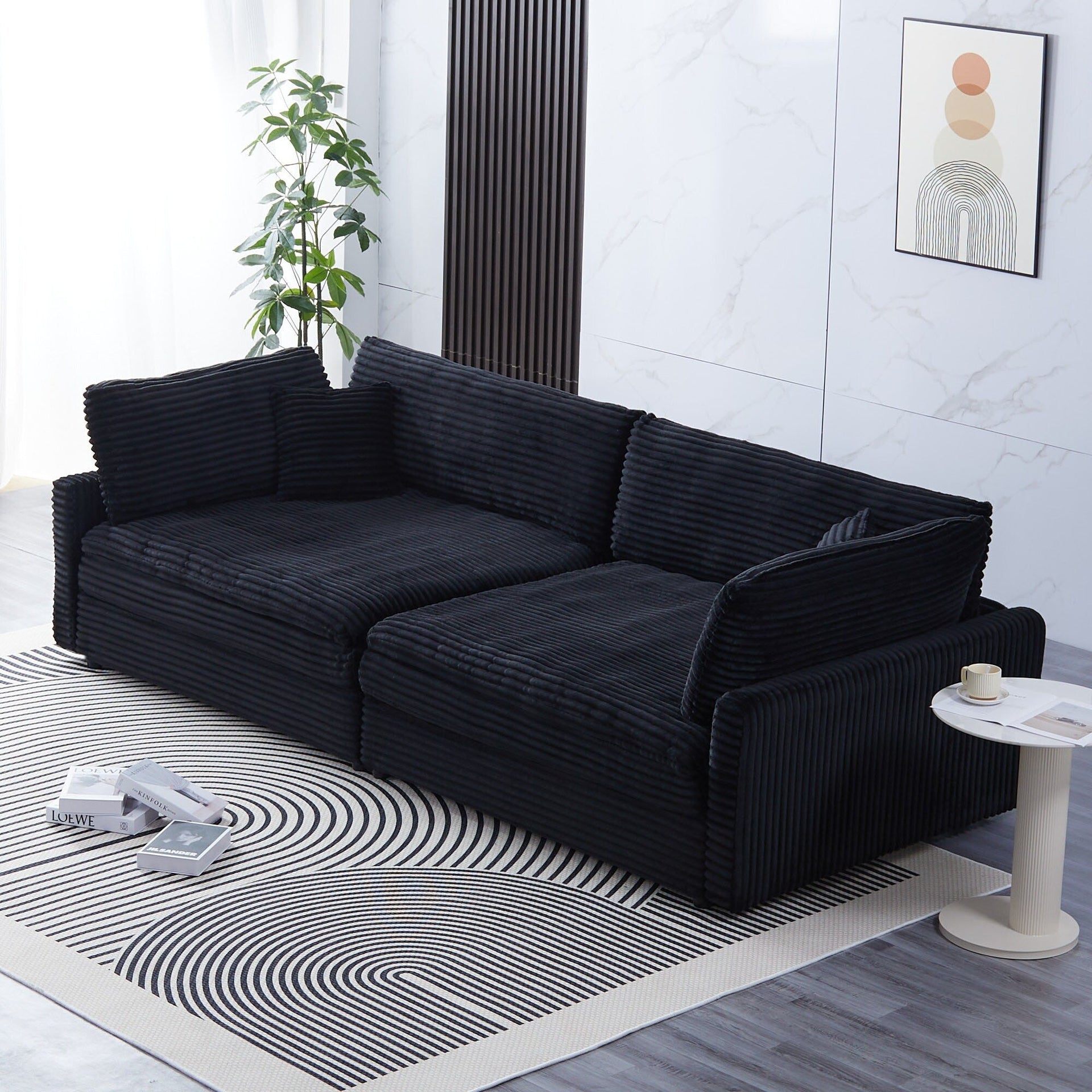 112-inch black corduroy sofa: two throw pillows, four backrests, opening up a new style for the living room's casual area