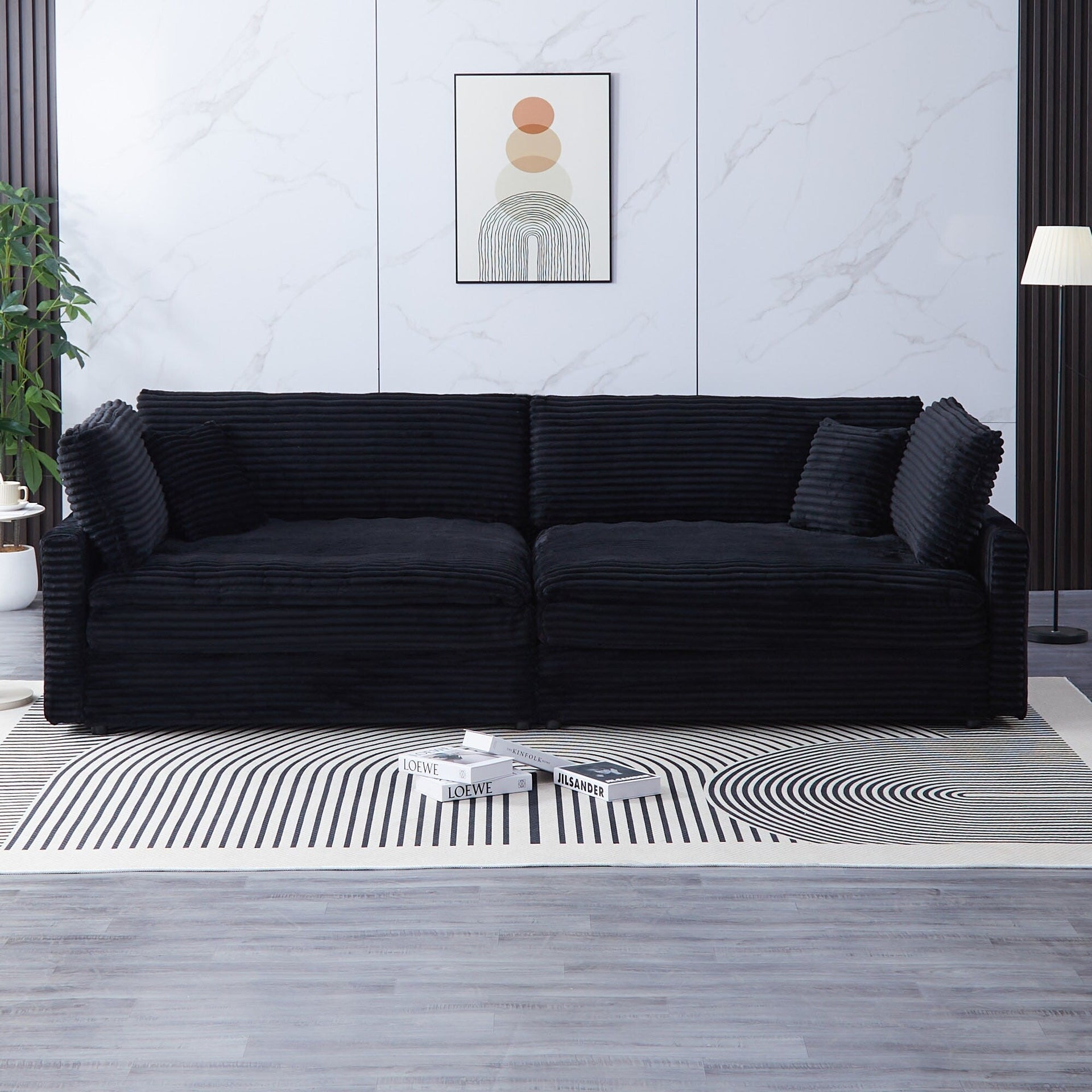 112-inch black corduroy sofa: two throw pillows, four backrests, opening up a new style for the living room's casual area