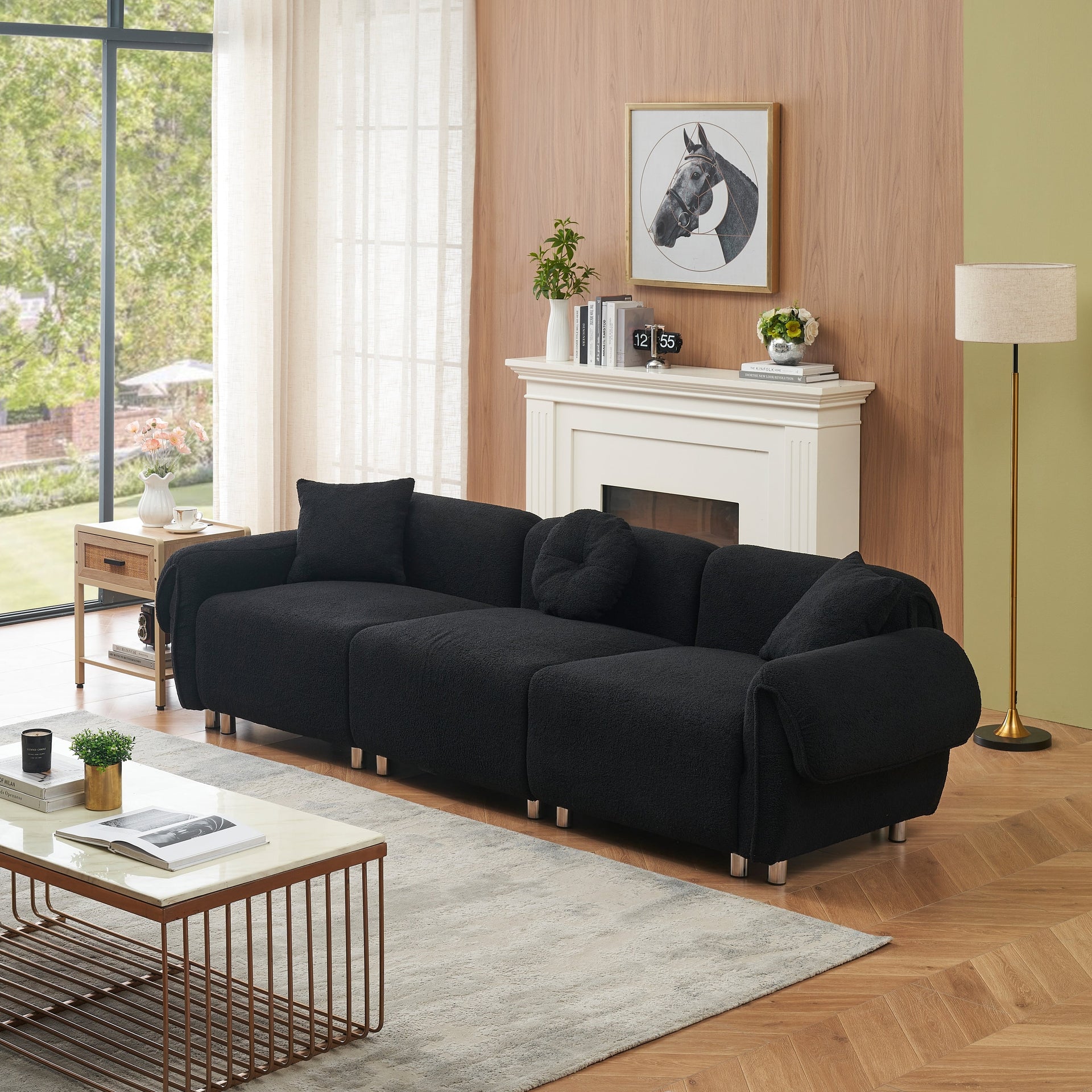 112'' Teddy Fabric 3 Seater Sofa Couch with 3 Pillows, Scratch-Resistant with Soft Cushioning and Metal Legs