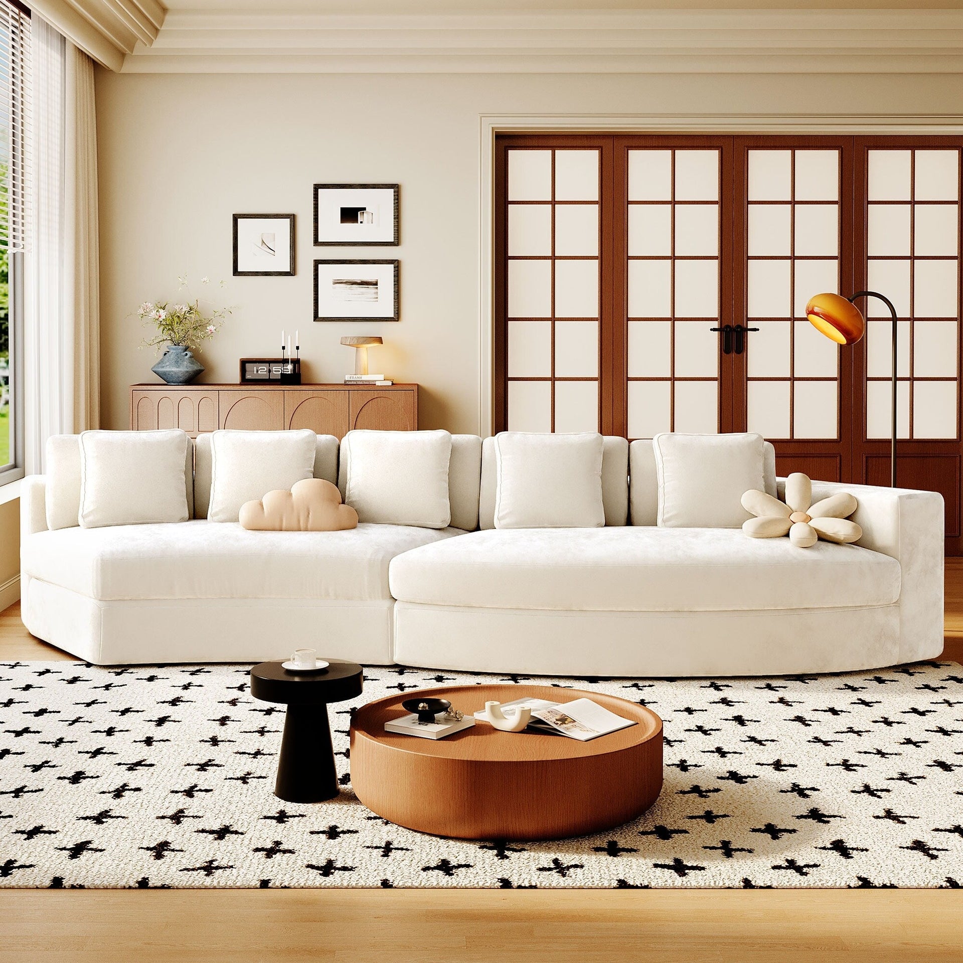 115.7 Pure Foam Modular Sofa, 2-Piece Set with 5 Cushions, 4-Seater, Chenille Jacquard Fabric, Curved Design