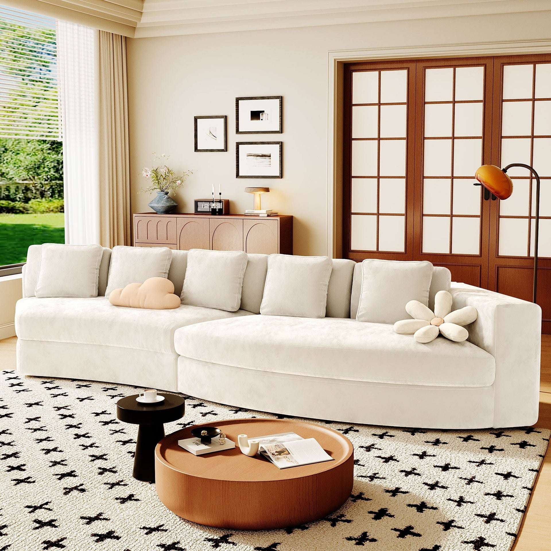 115.7 Pure Foam Modular Sofa, 2-Piece Set with 5 Cushions, 4-Seater, Chenille Jacquard Fabric, Curved Design