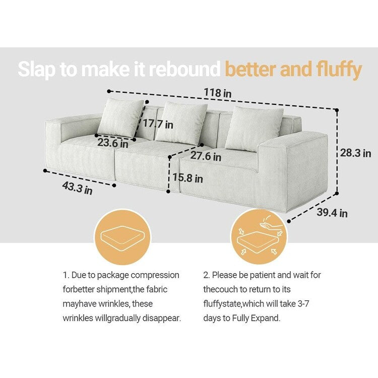 118 Inch Modular Convertible Sofa Bed 3 Seater White Corduroy Velvet