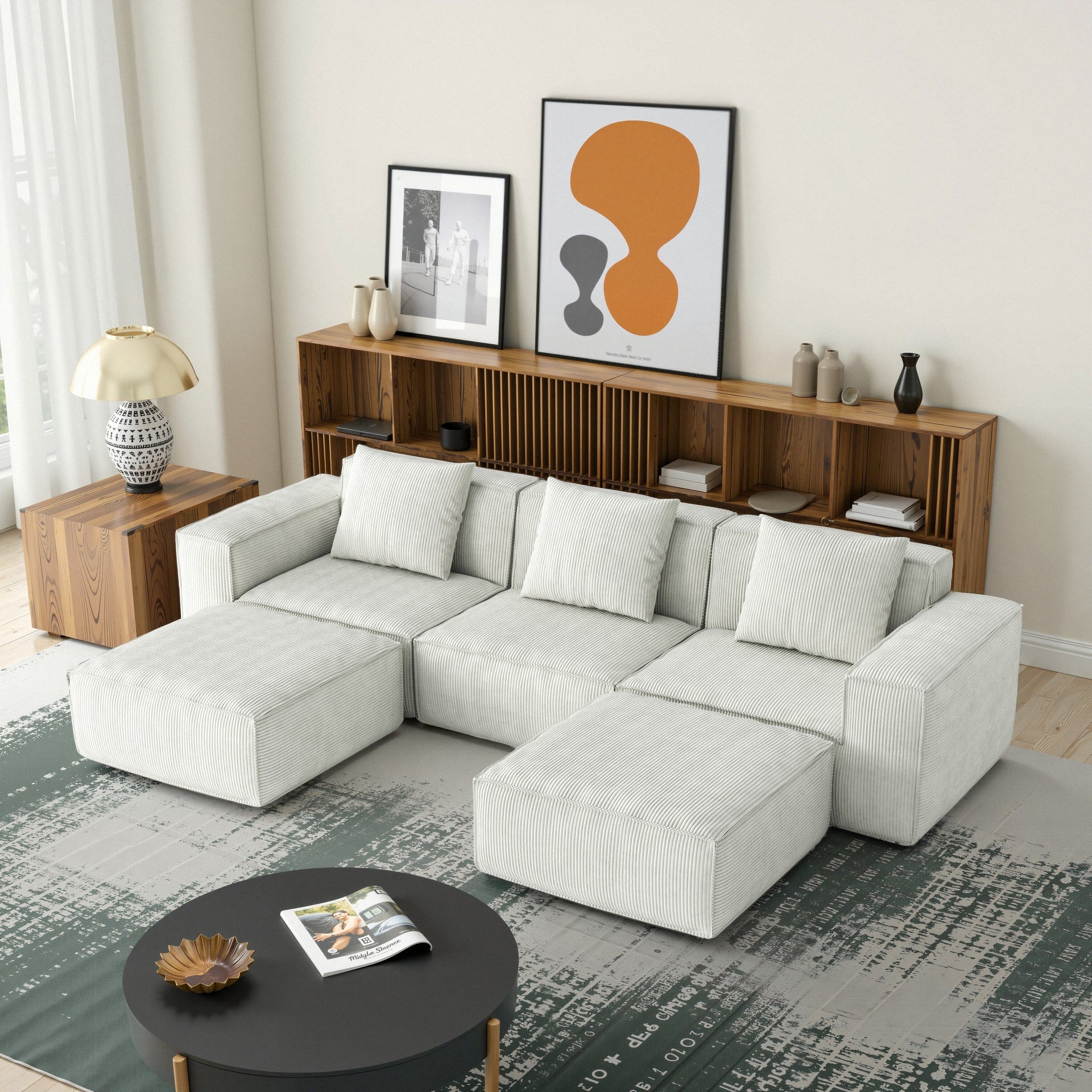 118 Inch Modular Convertible Sofa Bed 3-Seater with Footrests White Cloud Velvet